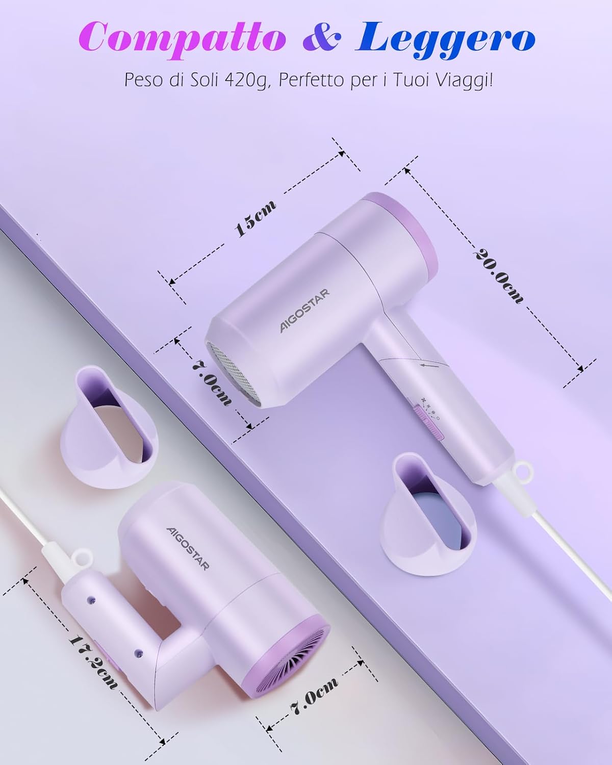 Detalle de Aigostar Phon Capelli 1800W Ionico: asciugacapelli pieghevole da viaggio in viola con 2 livelli di calore e concentratore rimovibile