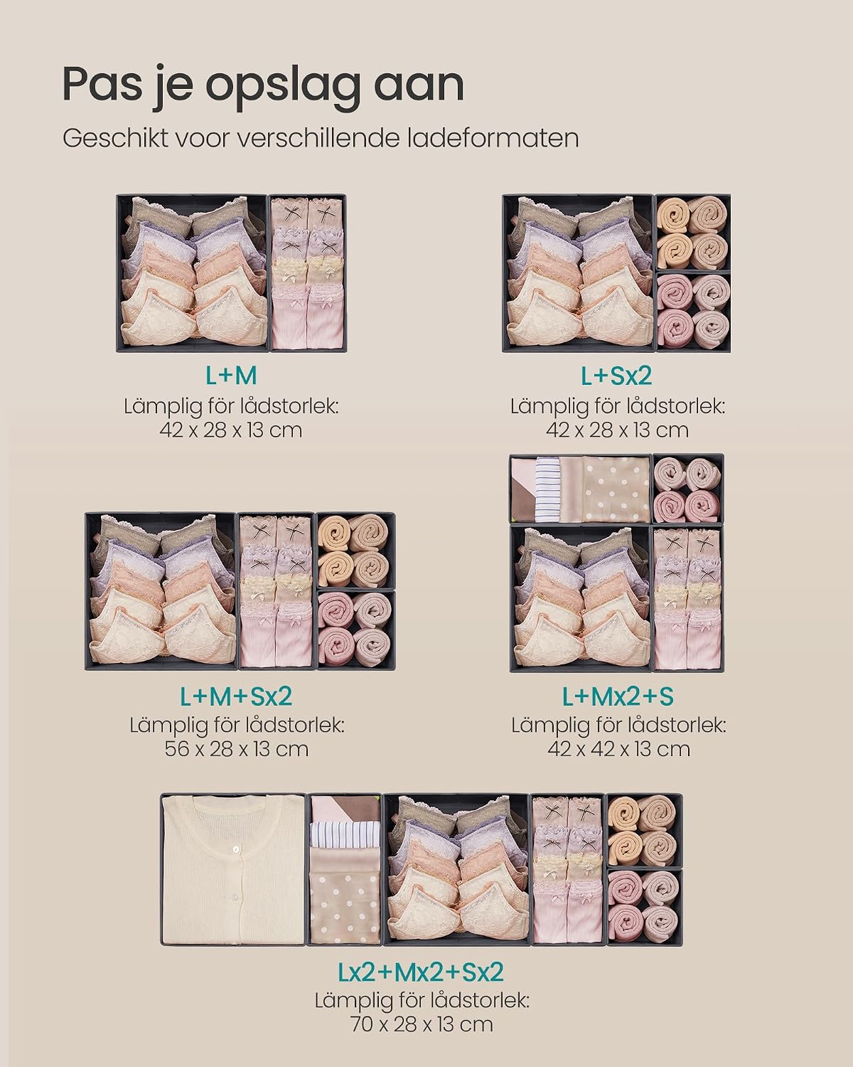 Detalle de SONGMICS lådorganisatörer, hopfällbara tygboxar i tre storlekar, 6-pack