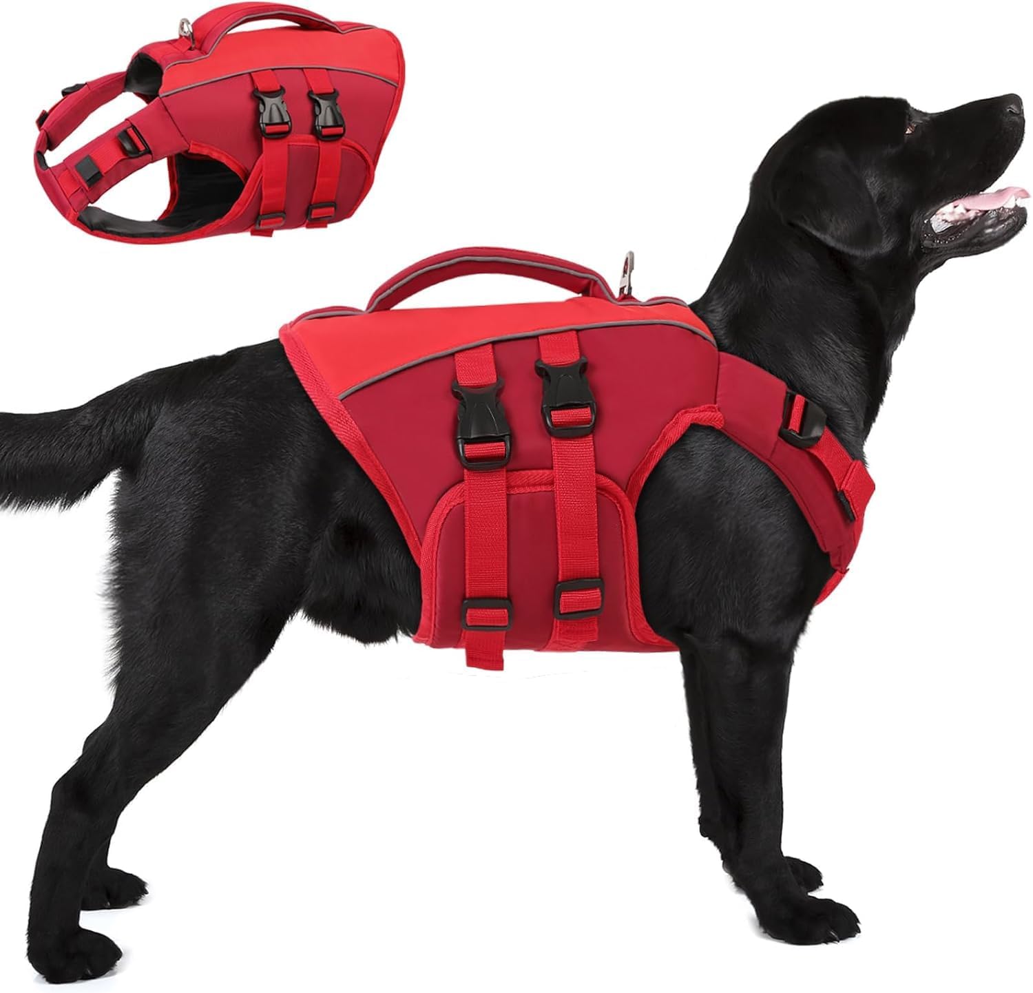 Detalle de Queenmore Large Dog Life Vest: Reflective, Adjustable & Easy Rescue Handle (XXL, Red)
