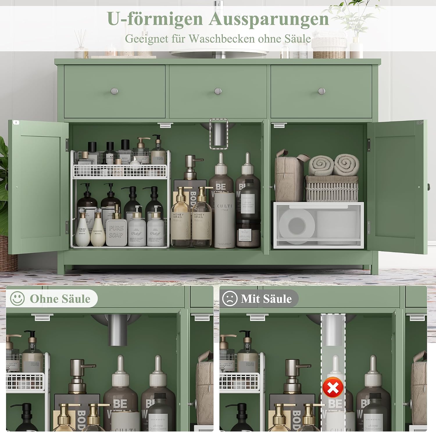 Detalle 2 de FOREHILL P277 szafka pod umywalkę 100 cm, 3 drzwi i 2 szuflady, zielona