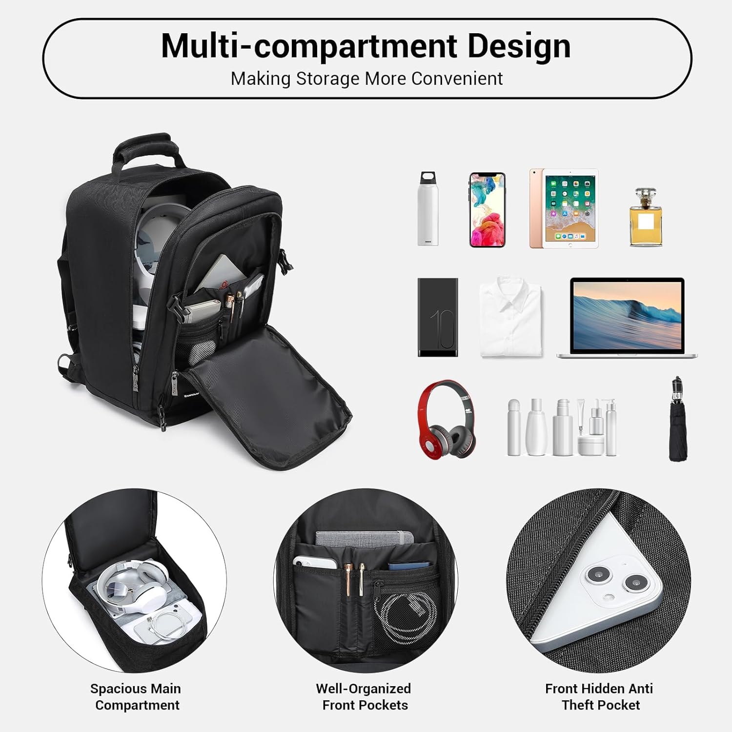 Detalle de KONO Kabinentasche 40 x 20 x 25 cm für Ryanair Untersitz – 20L, schwarz
