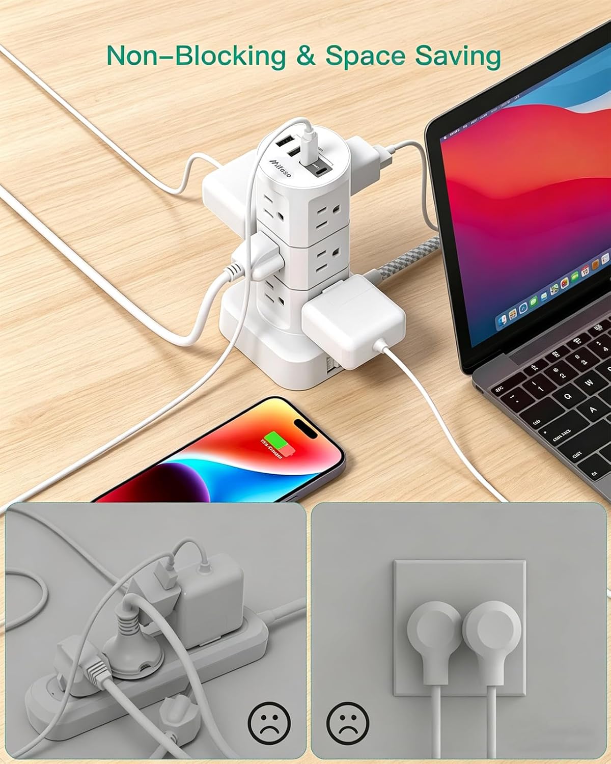 Detalle 2 de Mifaso Power Strip Tower with 12 AC Outlets, 4 USB Ports and Flat Plug