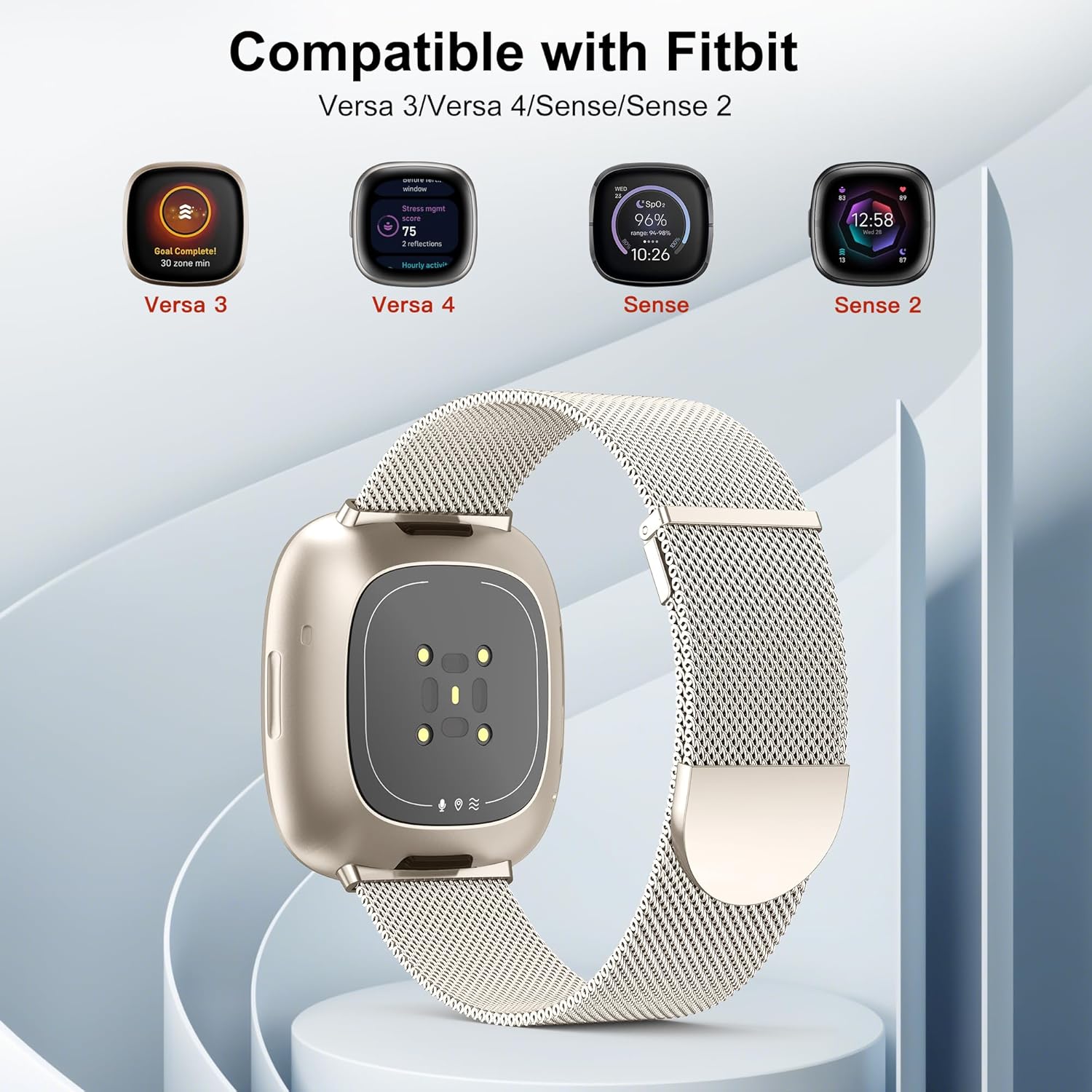 Detalle de Higgs stainless steel replacement strap with dual magnetic clasp for Fitbit Versa 3 / Versa 4 / Sense / Sense 2