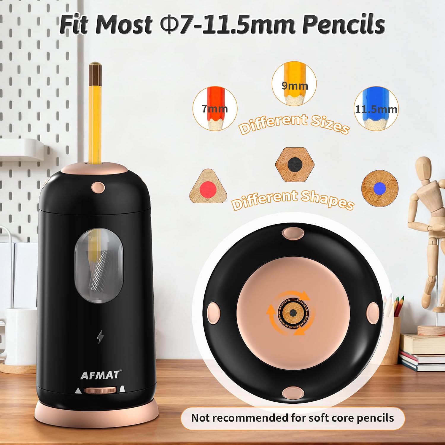 Detalle de AFMAT PSC8 Electric Pencil Sharpener, Rechargeable, Automatic, 7–11.5 mm
