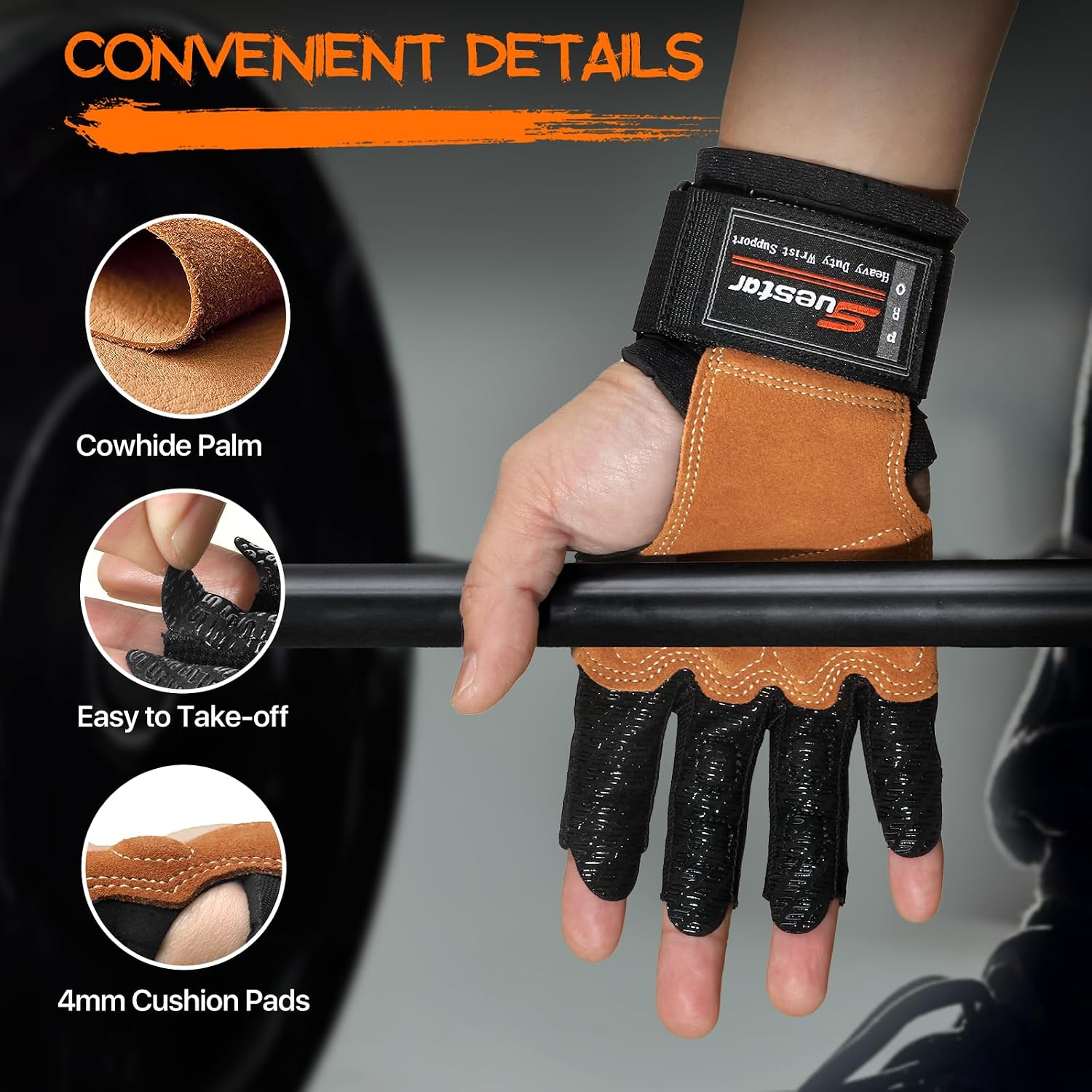 Detalle de SueStar Workout Gloves with Cowhide Palm, Wrist Support and Silicone Grip
