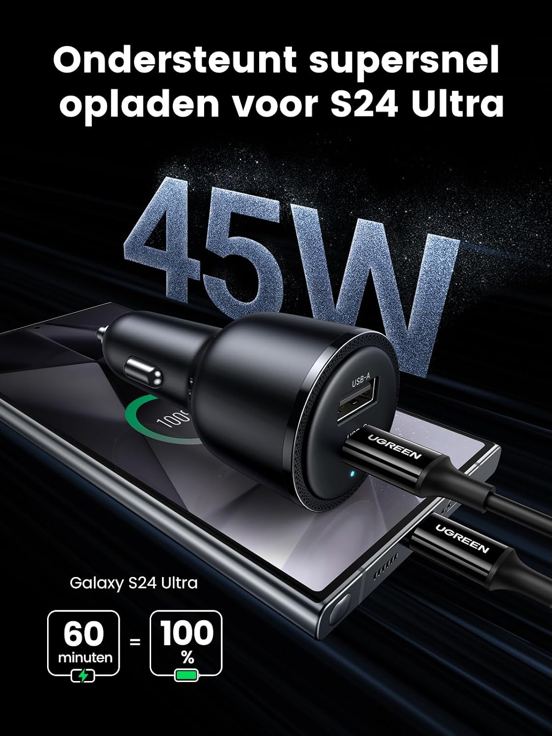 Thumbnail 1 de UGREEN 63W USB-C-autolader met PPS, 45W USB-C en 18W USB-A