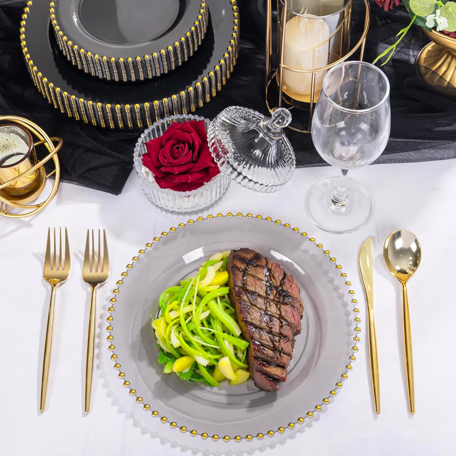 Thumbnail 2 de EI 60pcs Clear Black and Gold Plastic Plates: Heavy-Duty 10" Dinner & 7" Dessert Set