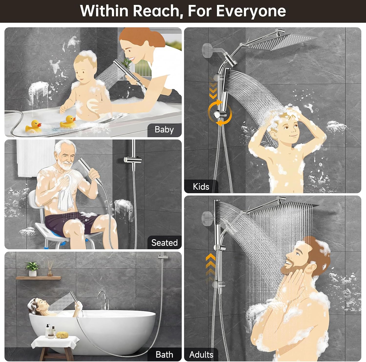 Thumbnail 4 de Veken 12-Inch All-Metal Square Rain Shower Head with Handheld, Chrome