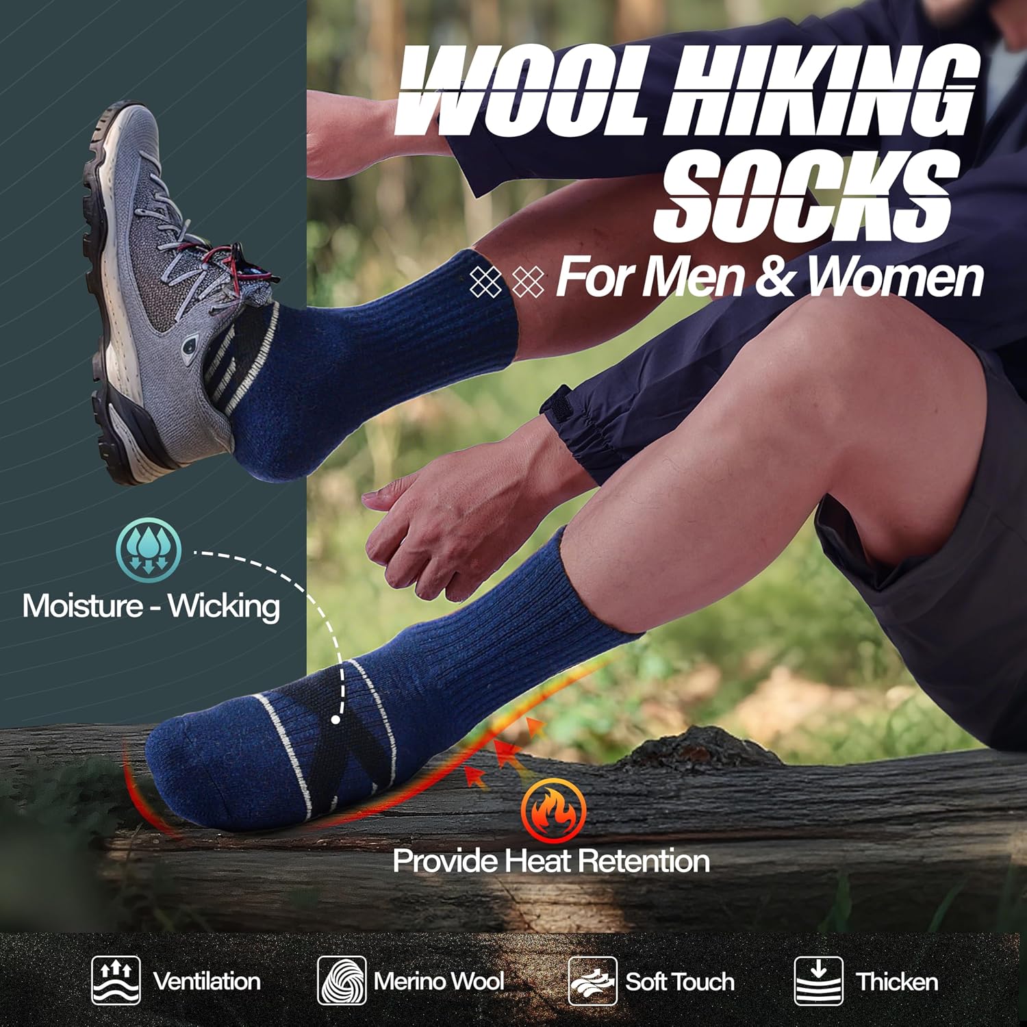 Detalle 2 de ANTSANG Merino Wool Crew Socks for Hiking and Work Boots, 5 Pairs