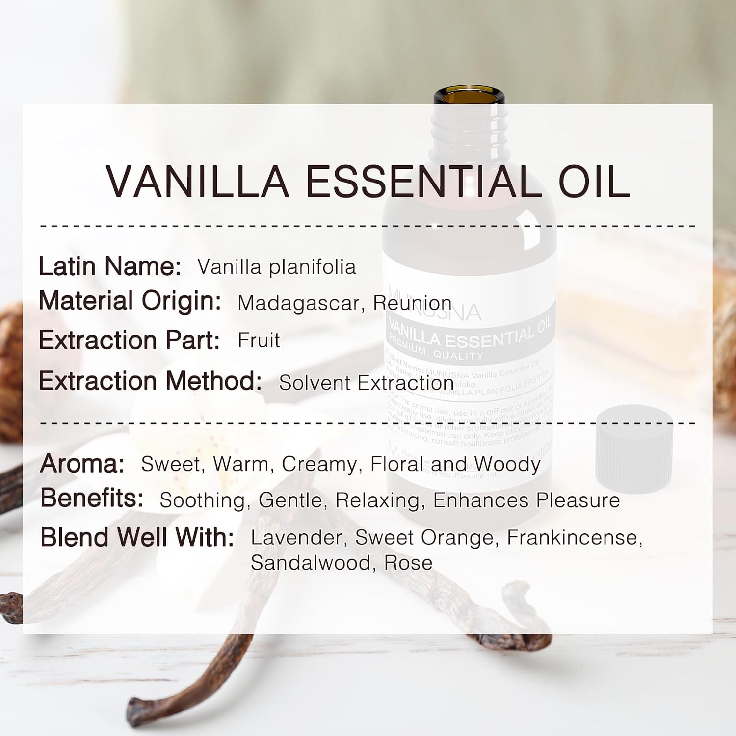 Detalle 2 de MUNUSNA Vanilla Essential Oil 100 ml for Aromatherapy