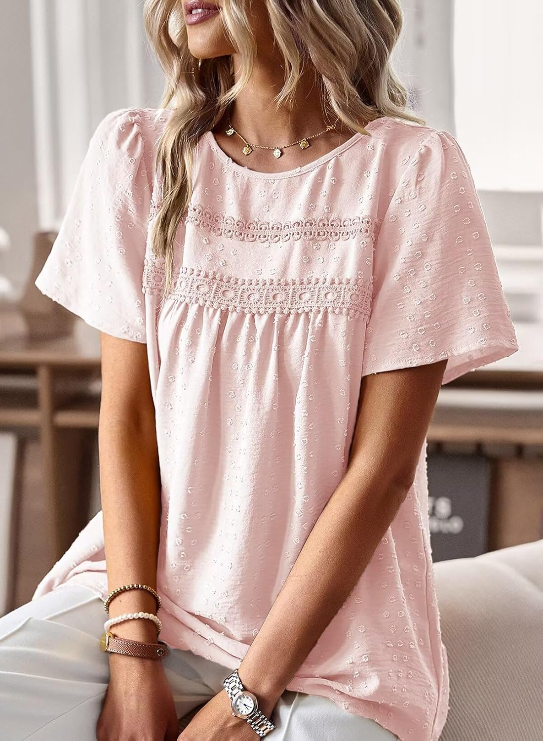 Thumbnail 1 de TUUHAW Damen Boho-Bluse mit Rundhalsausschnitt, Häkelspitze und kurzem Arm