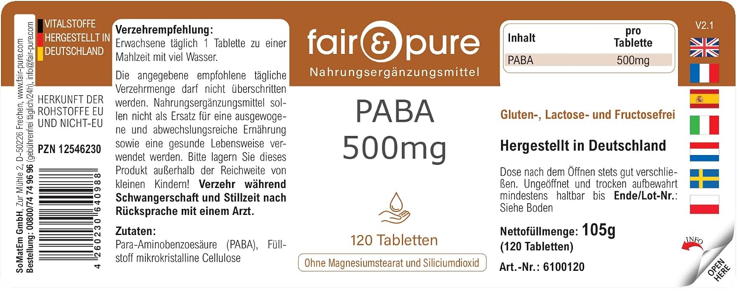 Thumbnail 6 de Fair & Pure PABA 500mg – veganes PABA-Nahrungsergänzungsmittel, 120 Tabletten, hergestellt in Deutschland