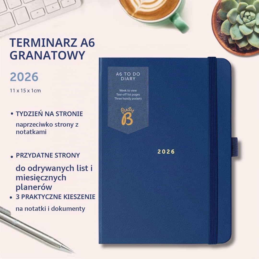 Detalle 2 de Busy B kalendarz tygodniowy A6 na 2026 rok, granatowy, z kieszeniami i notatkami