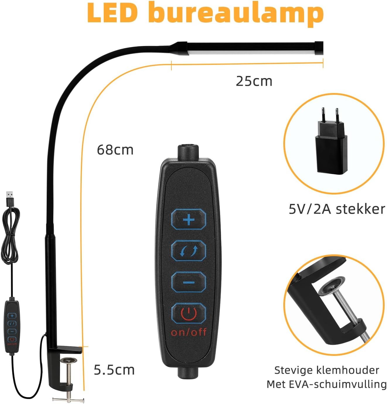 Detalle de LIBORA YTDL-501 bureaulamp met klem, flexibele zwanenhals en dimbare led