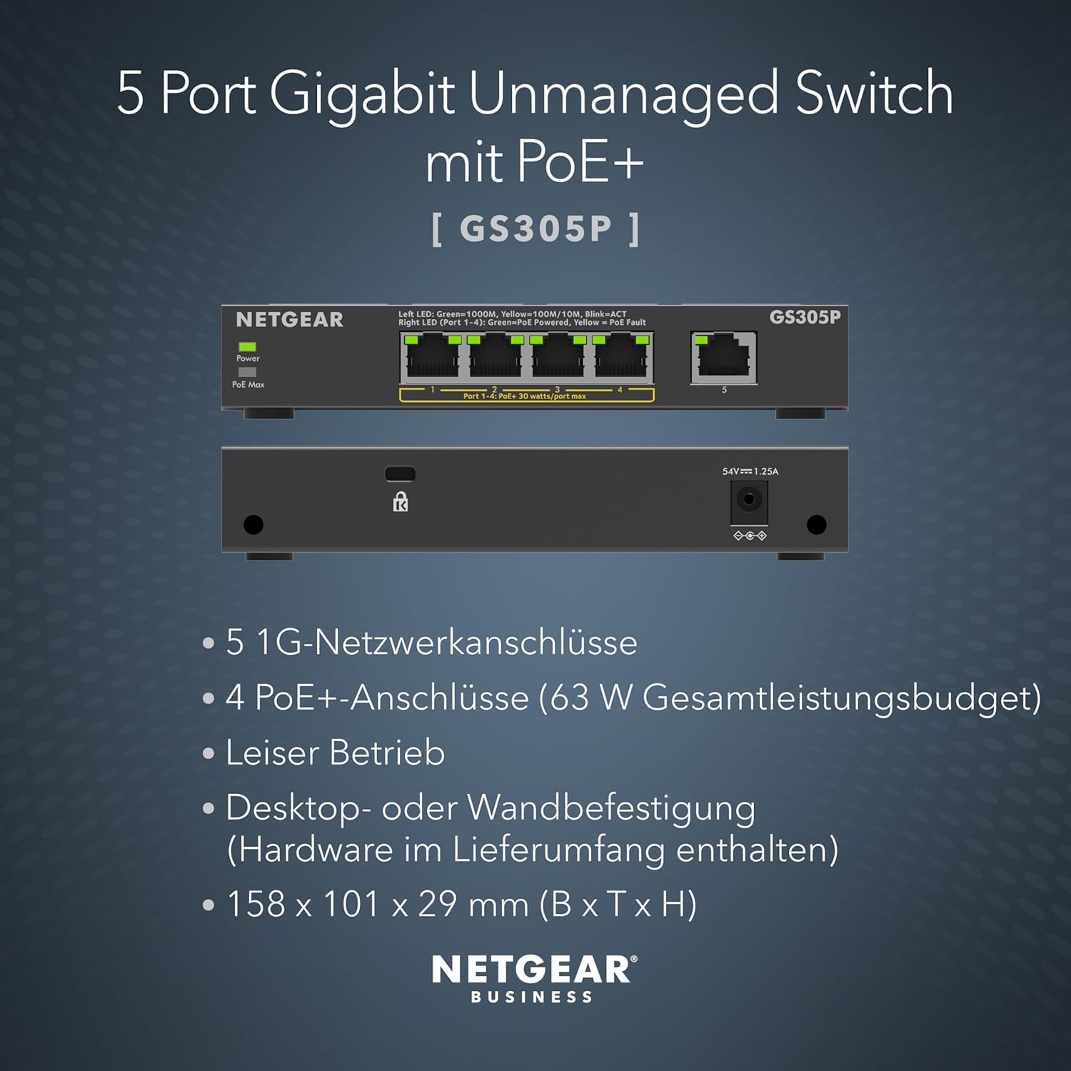 Detalle 2 de NETGEAR GS305P switch Ethernet unmanaged PoE+ a 5 porte (4 PoE+ fino a 63 W)