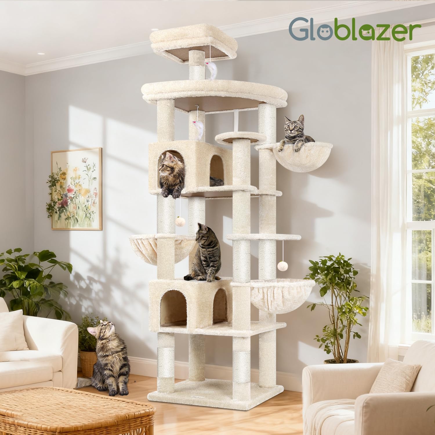 Thumbnail 6 de Globlazer Kratzbaum Beige Groß XXL (209 cm) mit 2 Katzenhäusern, 3 Körben und 8 Sisal-Kratzsäulen