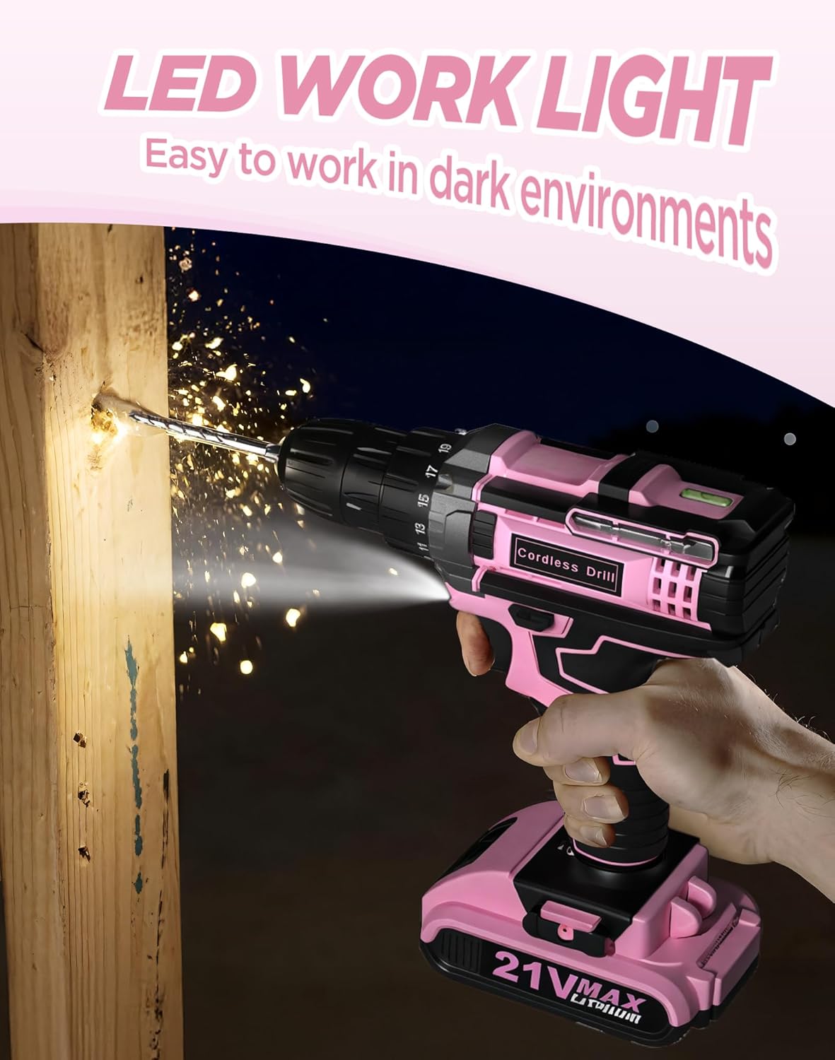 Detalle 2 de Pink Cordless Drill Set 21V with 2 Batteries – 90 Accessory Kit