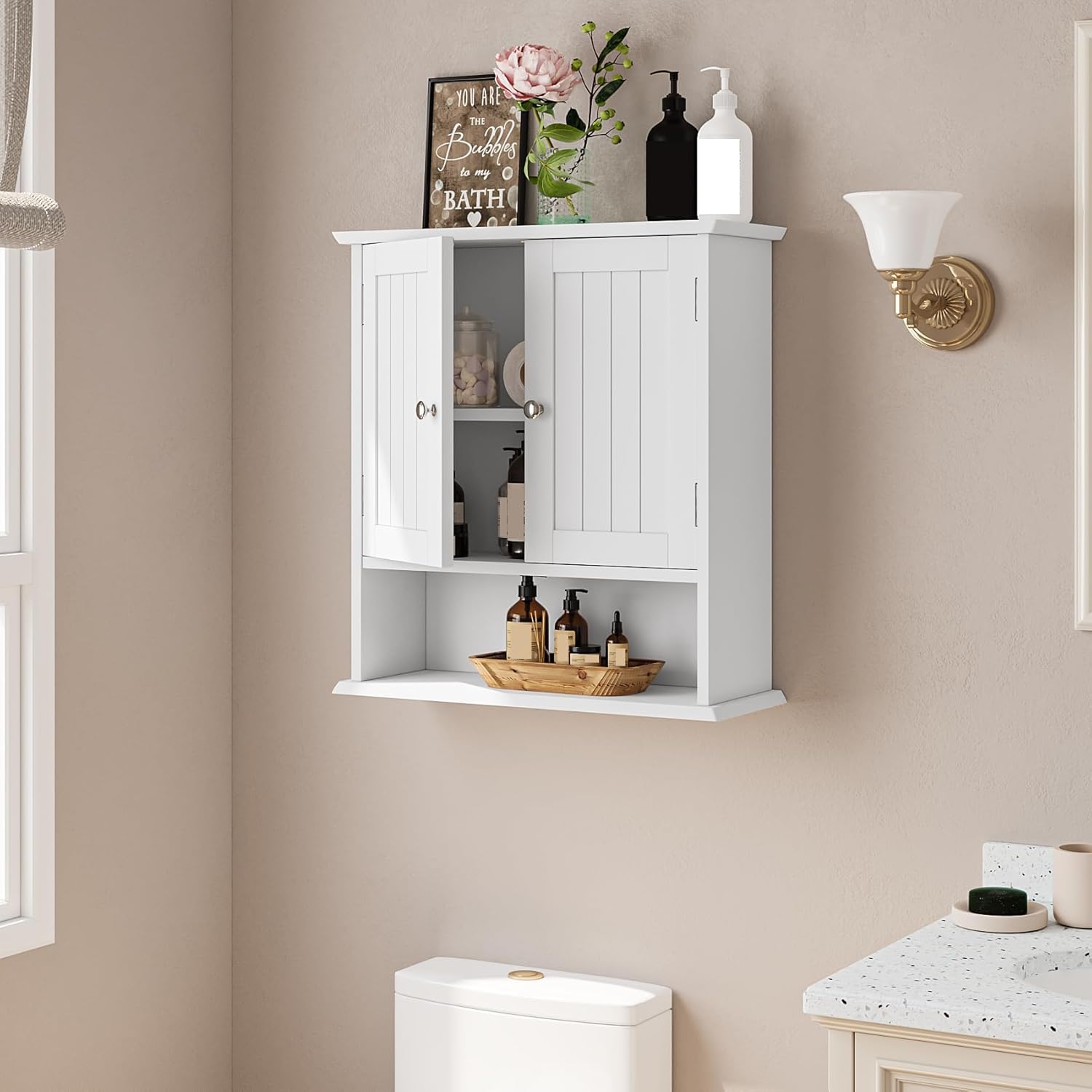 Thumbnail 1 de Mino Kesper Bathroom Wall Cabinet: Over-Toilet Storage with 2 Doors and Open Shelf