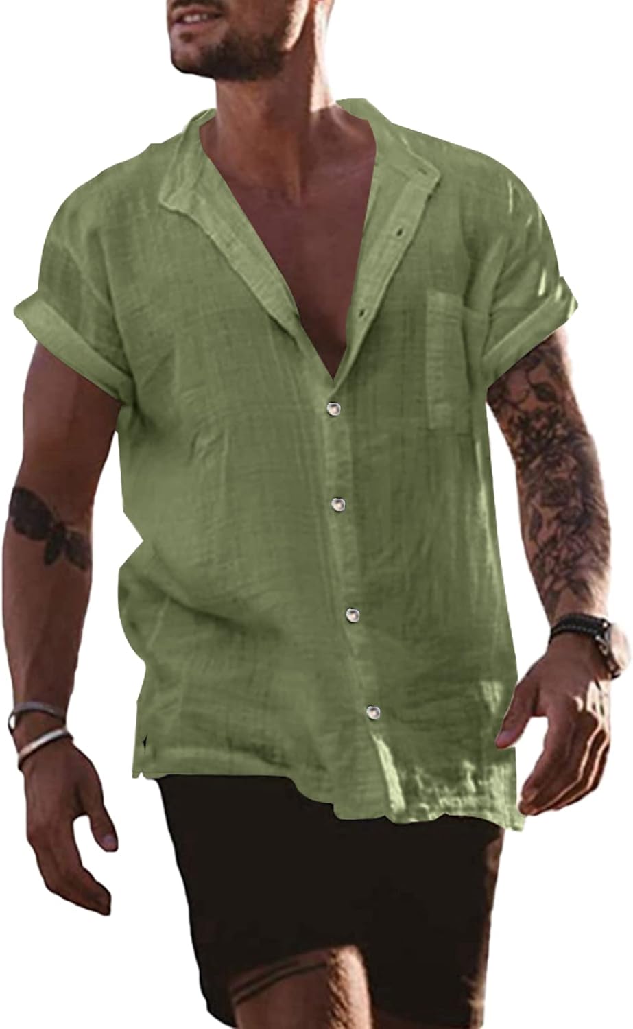 Detalle de YAOBAOLE Chemise en lin et coton pour homme à manches courtes, boutons et col mao