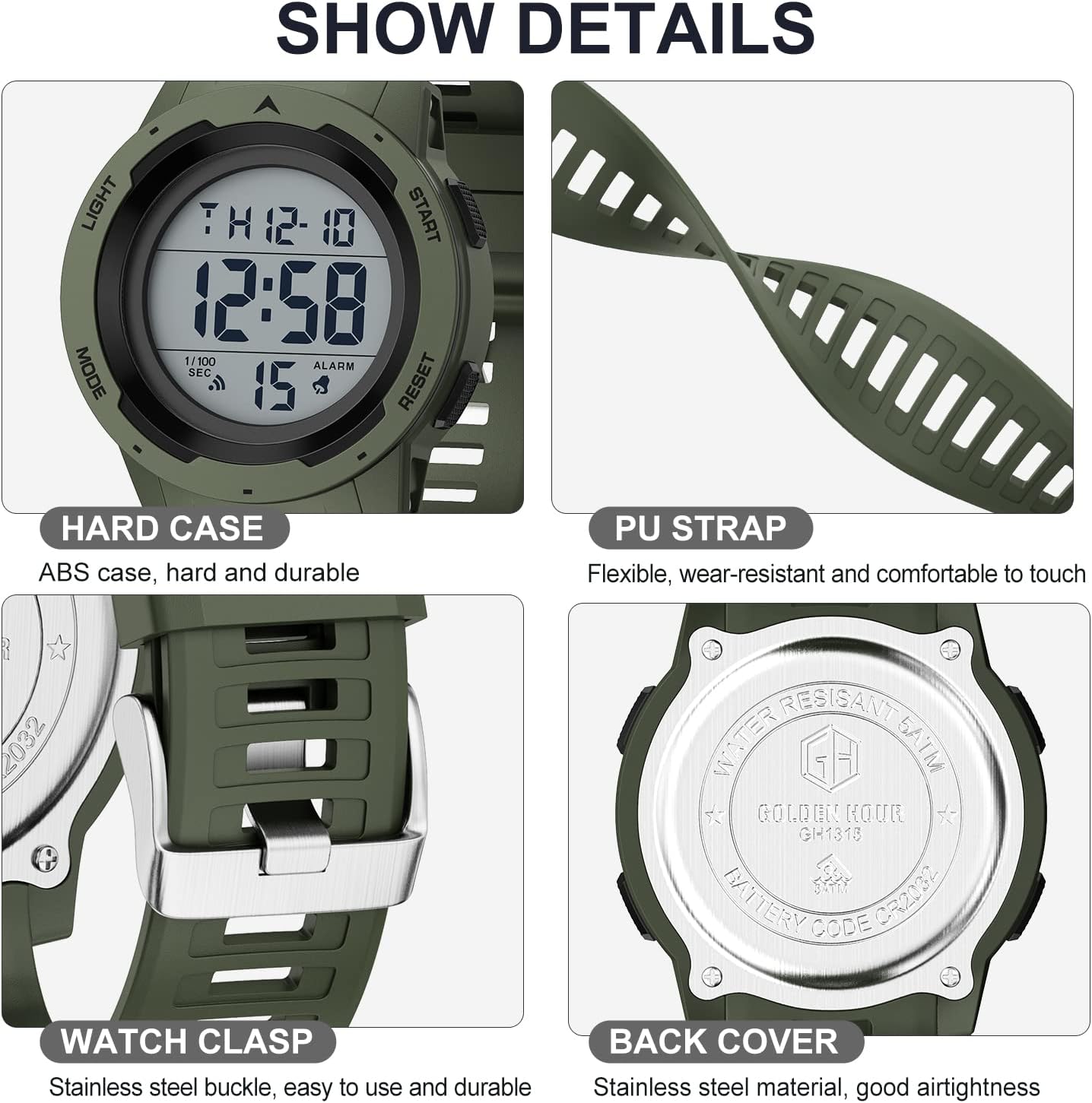 Detalle de GOLDEN HOUR Herren Digitaluhr mit breitem Display, wasserdicht bis 50 m – Militär-Stil, Gummi-Armband