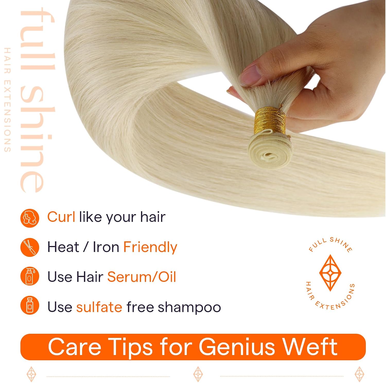 Detalle 2 de Full Shine Genius Weft Remy Straight Hair Extensions (Sew-In Weft) – Platinum Blonde, 22 Inch, 80G