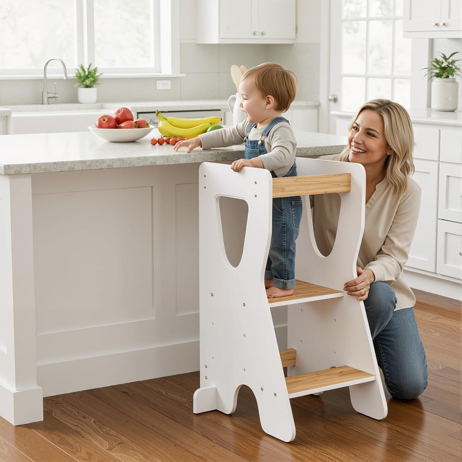 Detalle 2 de COSYLAND Torre Montessoriana Bambini - Torretta in Legno Naturale, 3 Altezze Regolabili, Bianco e Naturale