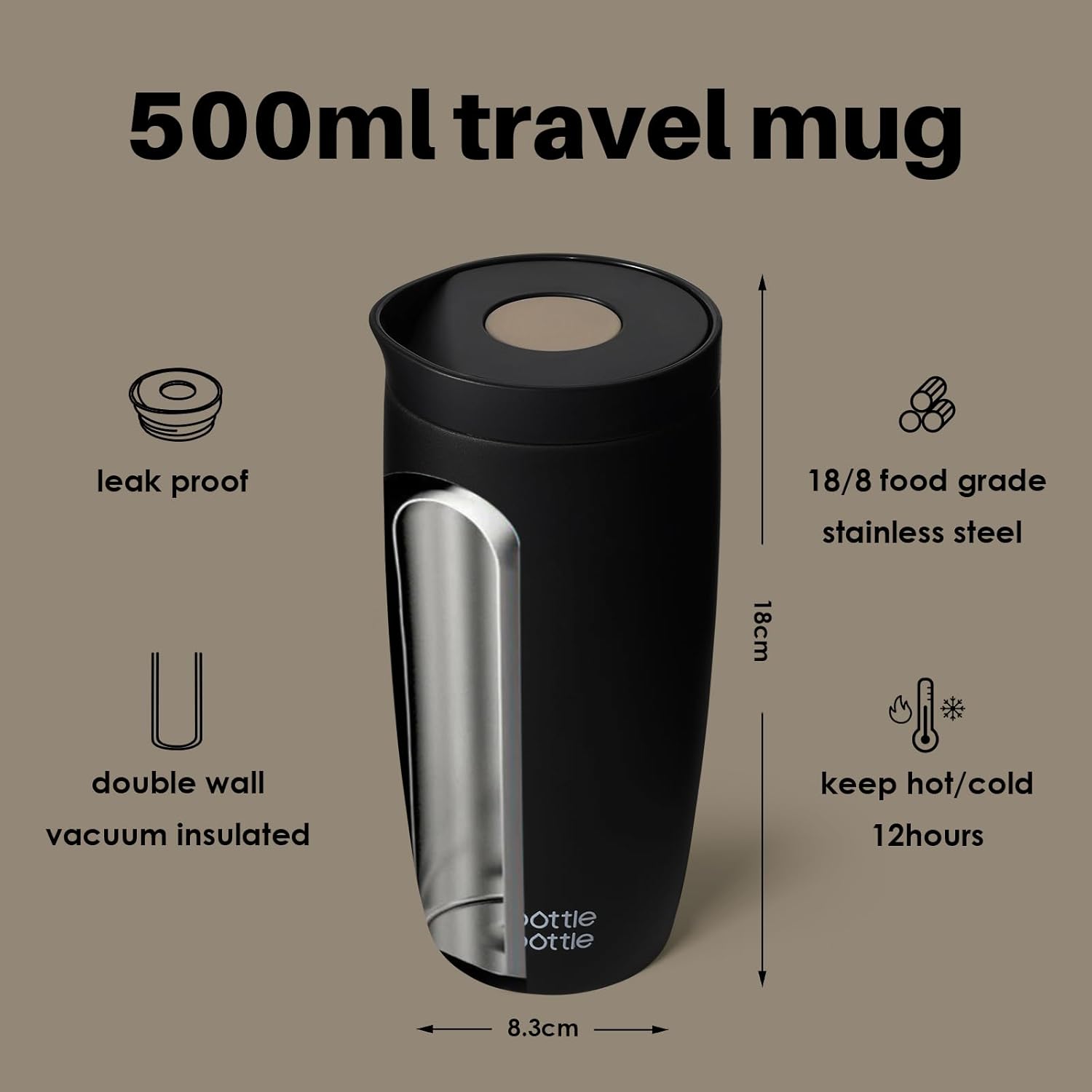 Detalle de BOTTLE BOTTLE Thermobecher 500 ml To Go – Premium Edelstahl-Isolierbecher, auslaufsicher, BPA-frei, Quick-Press-Verschluss, 4 h heiß / 8 h kalt – Schwarz