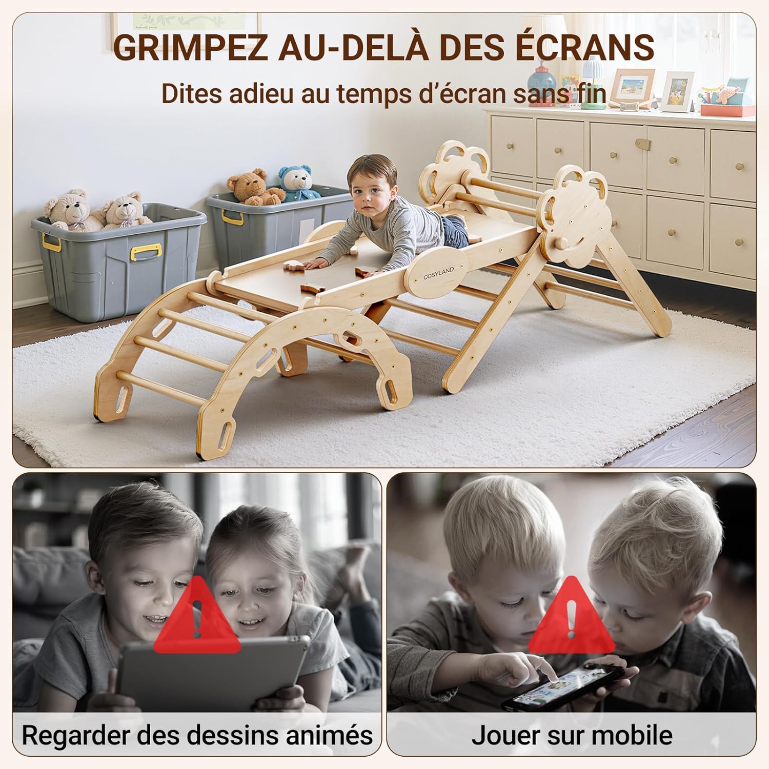 Thumbnail 6 de COSYLAND Triangle d’Escalade Montessori 8-en-1 en Bois – Jeu d’éveil évolutif pour enfants 1–6 ans (Naturel)