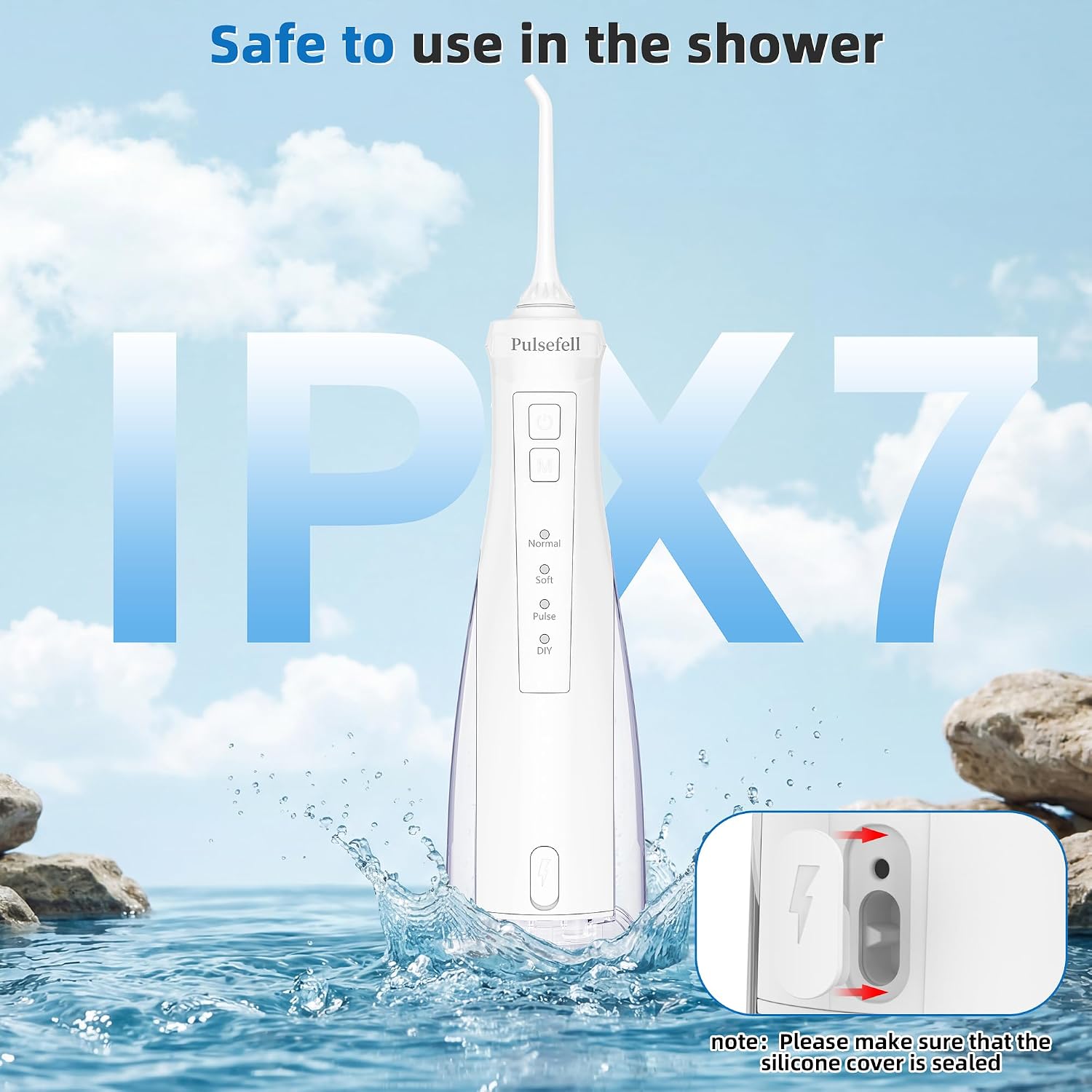 Detalle 2 de Pulsefell Idropulsore dentale portatile ricaricabile 300 ml con 4 modalità e IPX7 (bianco)