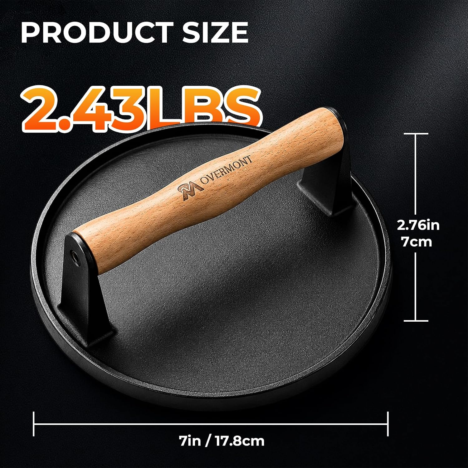 Detalle 2 de OVERMONT Round 7" Cast-Iron Smash Burger Press with Flat Base and Wood Handle