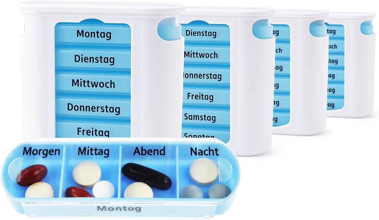 Detalle 1 de KAMACA 4er-Pack Pillendosierer für 28 Tage mit 4 Fächern pro Tag (4 Wochen) – weiß/blau