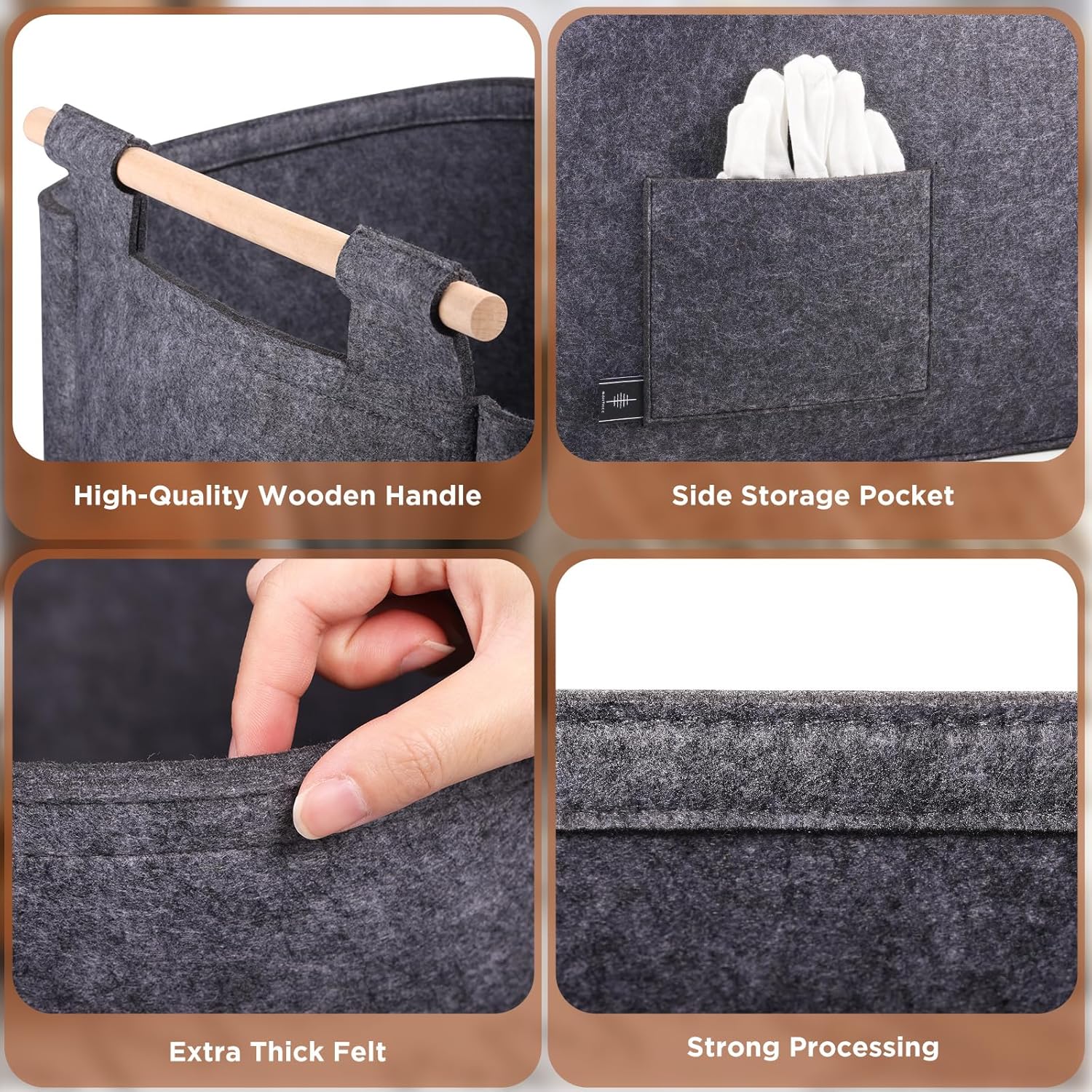 Thumbnail 3 de BONTHEE Log Carrier Felt Bag with Wooden Handles (Grey) – Fireplace Wood Tote for Indoor Storage