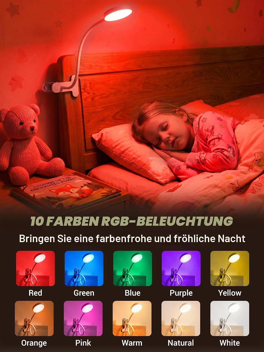 Detalle de ReinHoo Leselampe Bett – Klemmlampe mit 72 LEDs, 10 RGB-Farben + 3 Weißtönen und 10 Helligkeitsstufen