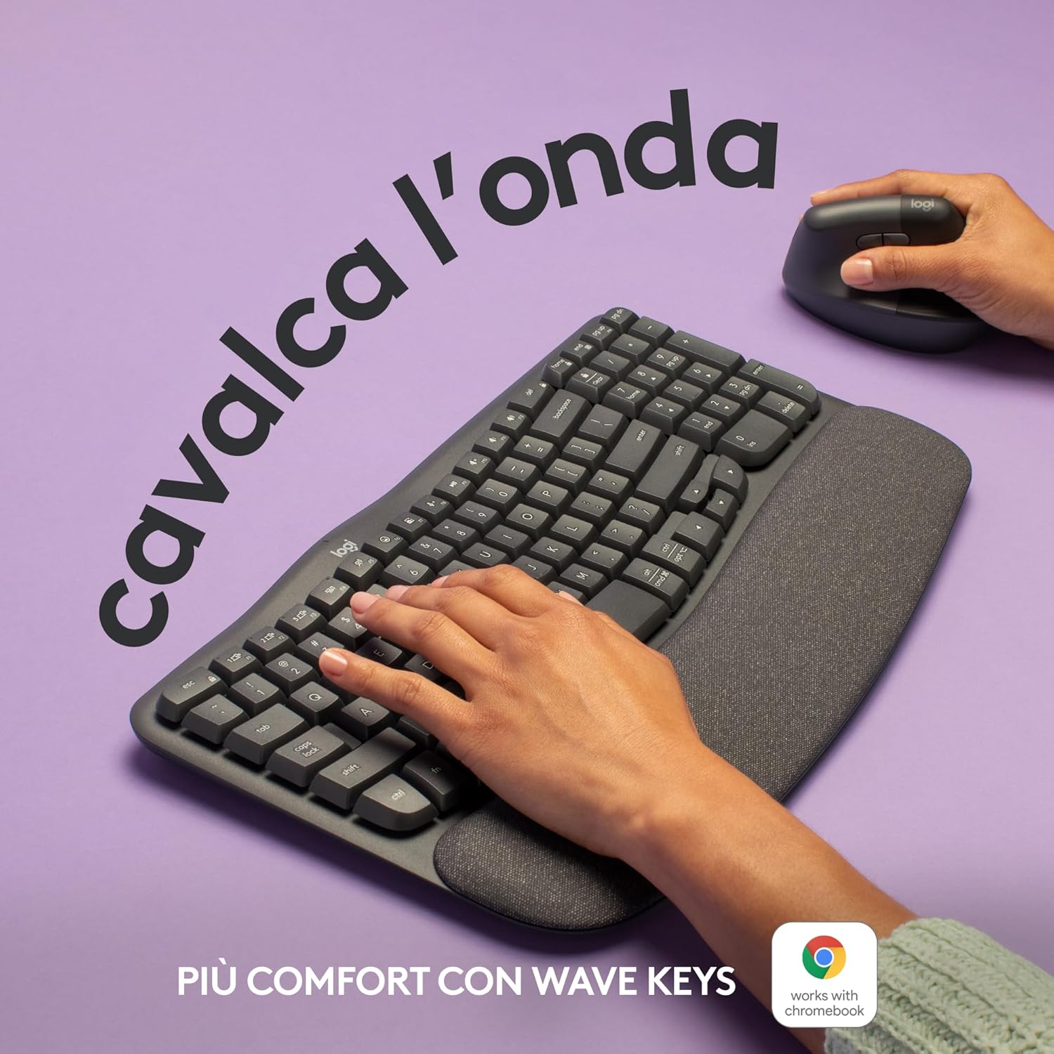 Thumbnail 1 de Logitech Wave Keys: tastiera wireless ergonomica con supporto polsi imbottito e Easy-Switch