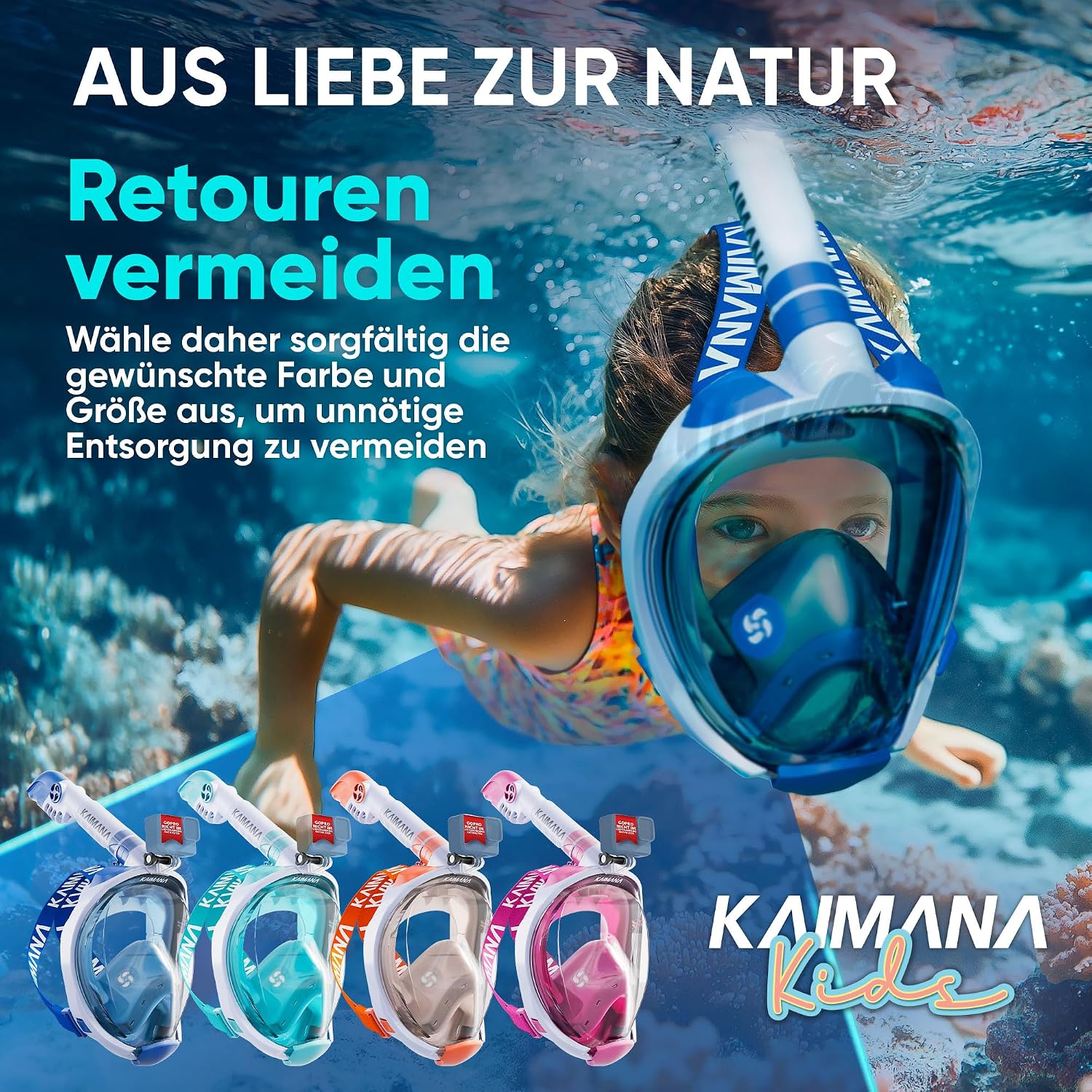 Detalle 2 de KAIMANA Schnorchelmaske Kinder – Vollgesichtsmaske inkl. Tragetasche, CO2-sicher (3–12 Jahre)