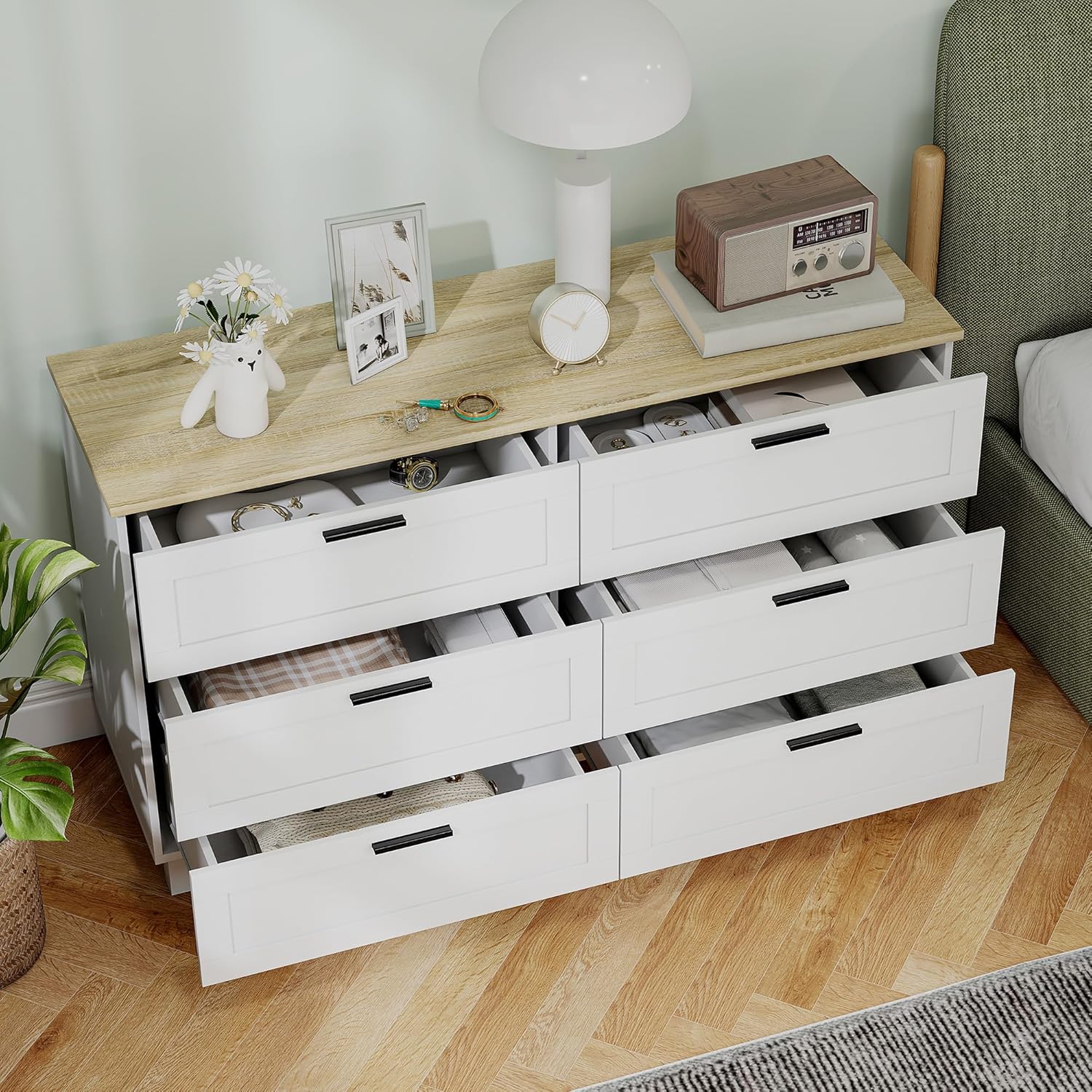 Thumbnail 6 de HOMCOM Commode à 6 tiroirs en bois naturel et blanc – rangement élégant 120 x 38 x 71 cm