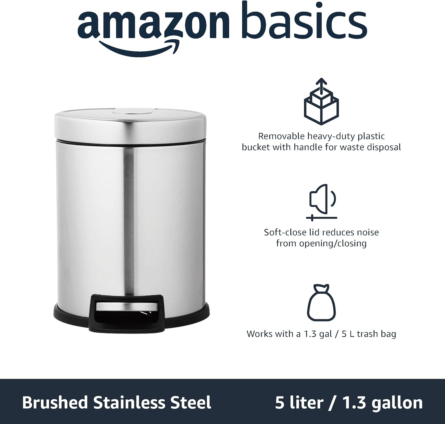 Detalle de Amazon Basics Round Cylindrical Soft-Close 5 L Trash Can with Foot Pedal – Brushed Stainless Steel