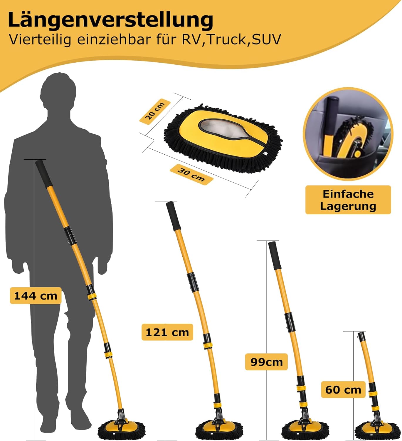 Thumbnail 1 de anngrowy 15° Bogen Autowaschbürste mit Stiel (144 cm) – Teleskop-Waschbürste mit 2 Mop-Köpfen