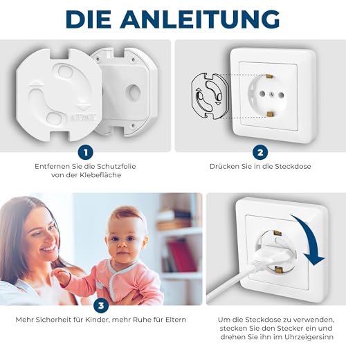 Detalle de Hoffenbach 30x Steckdosen Kindersicherung – Drehmechanik, Weiß, kompatibel mit Schuko (Typ F)