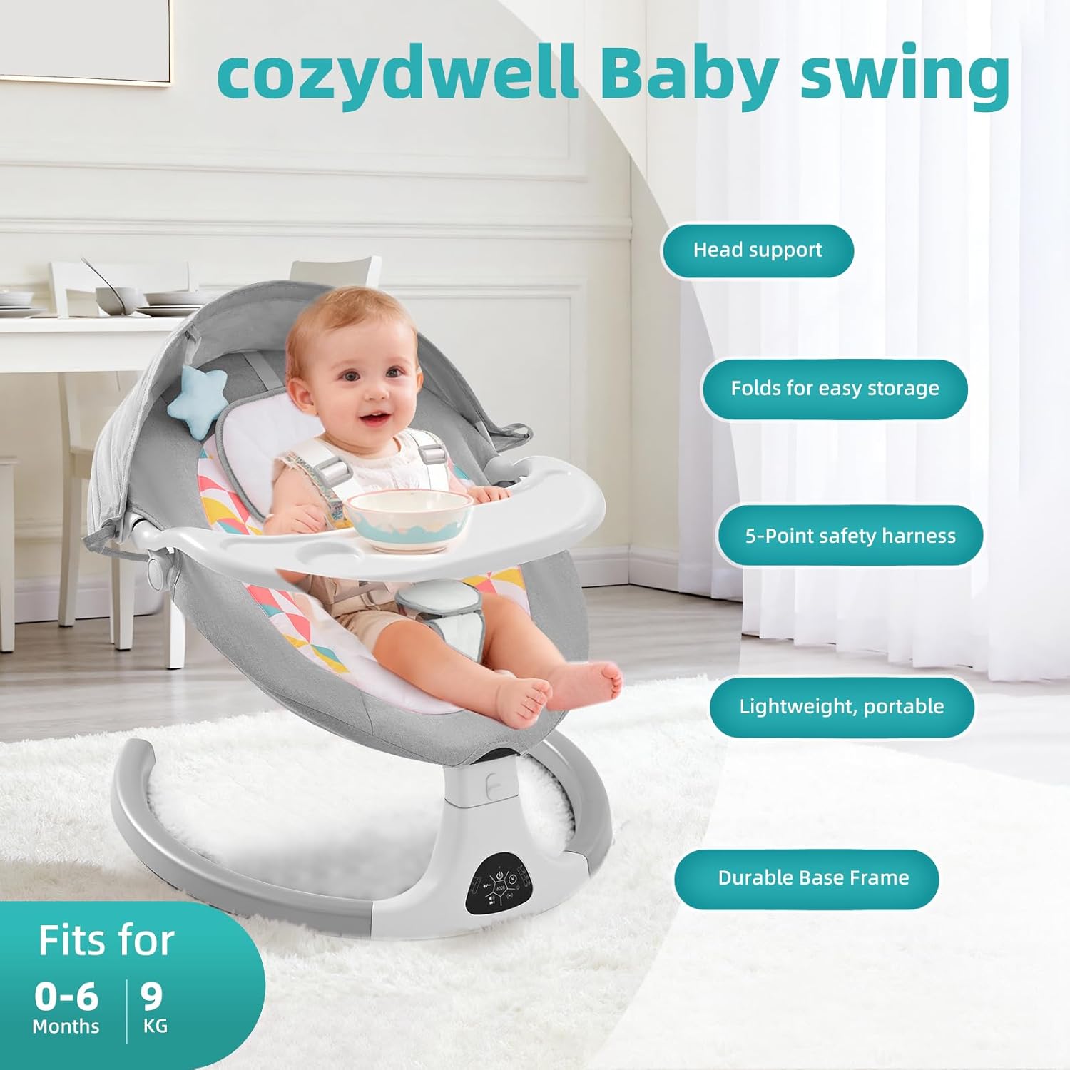 Thumbnail 6 de Baby Bouncer from Birth electric baby swing chair with Bluetooth, 5 swing speeds, 3 recline angles and remote (Grey)