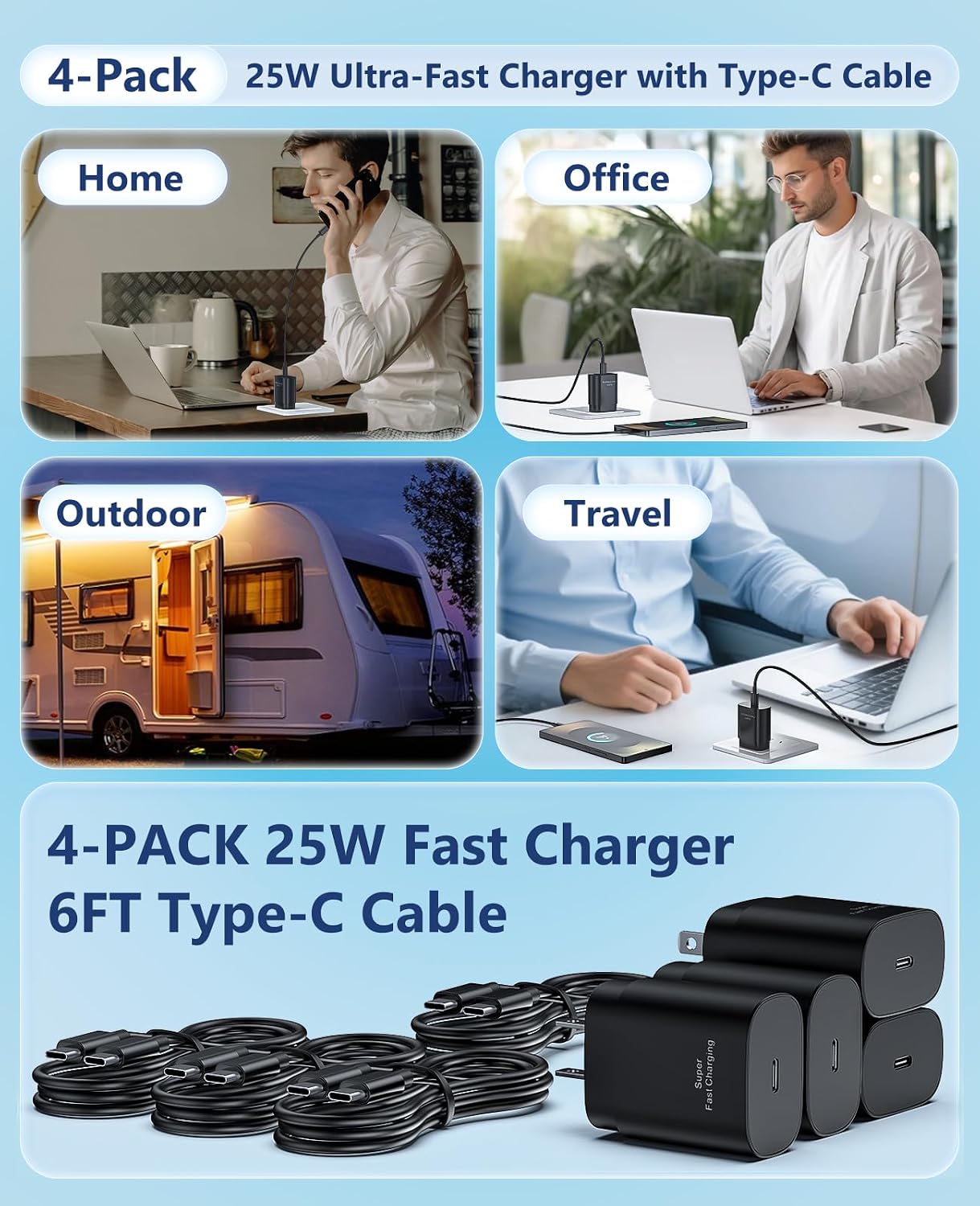 Thumbnail 6 de ILOUYU K13 25W USB-C Charger 4-Pack with 6-Foot Cables