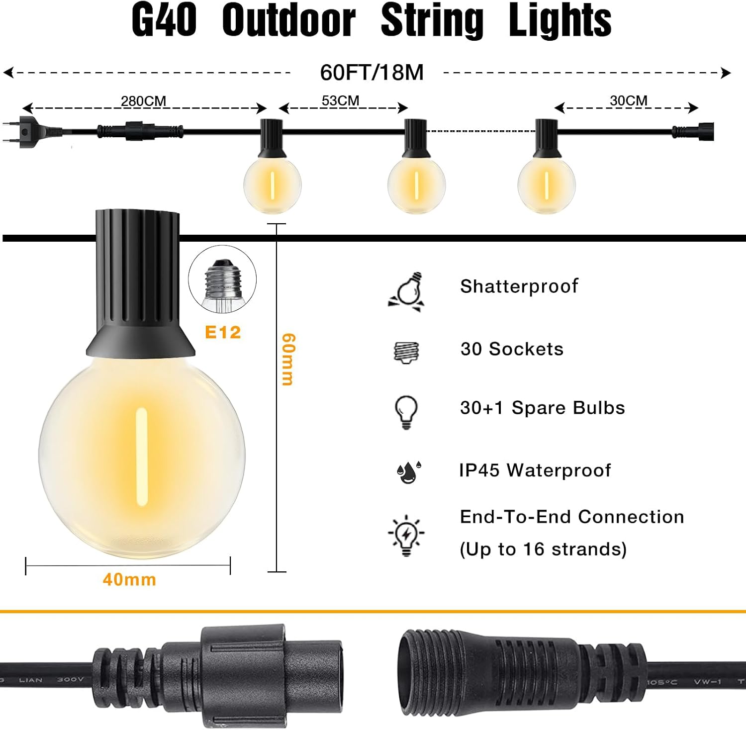 Thumbnail 4 de FANSANMY Catene Luminose Esterno 18M/60FT con 30+1 LED G40: illuminazione esterna flessibile e sicura
