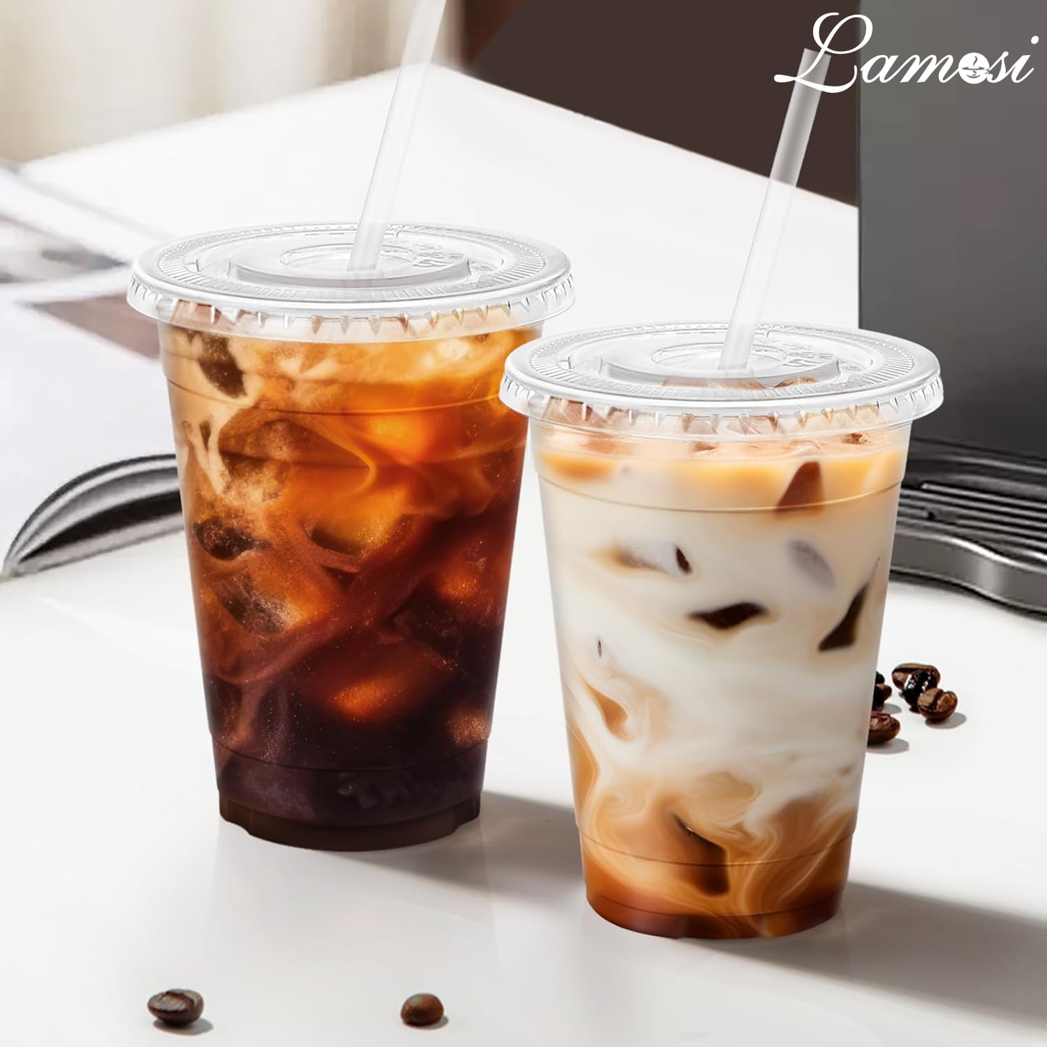 Detalle de Lamosi 16 oz Clear Plastic Cups with Lids & Straws — 100 Pack for On-The-Go Beverages