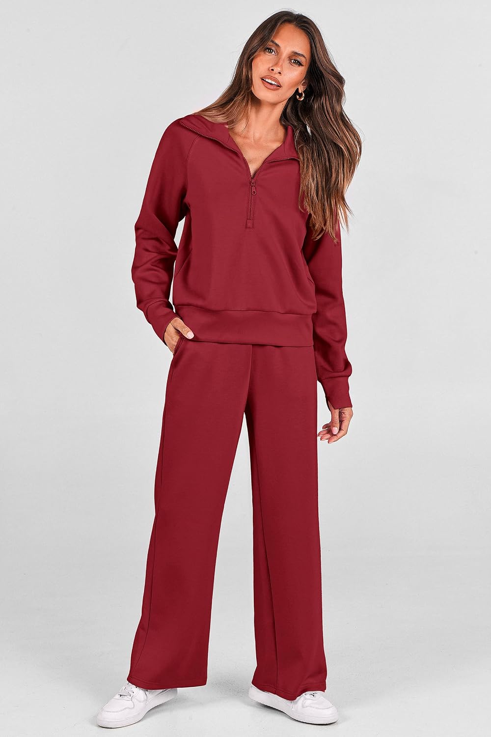 Detalle 1 de PRETTYGARDEN Women's Two-Piece Lounge Set with Half-Zip Top and Wide-Leg Pants