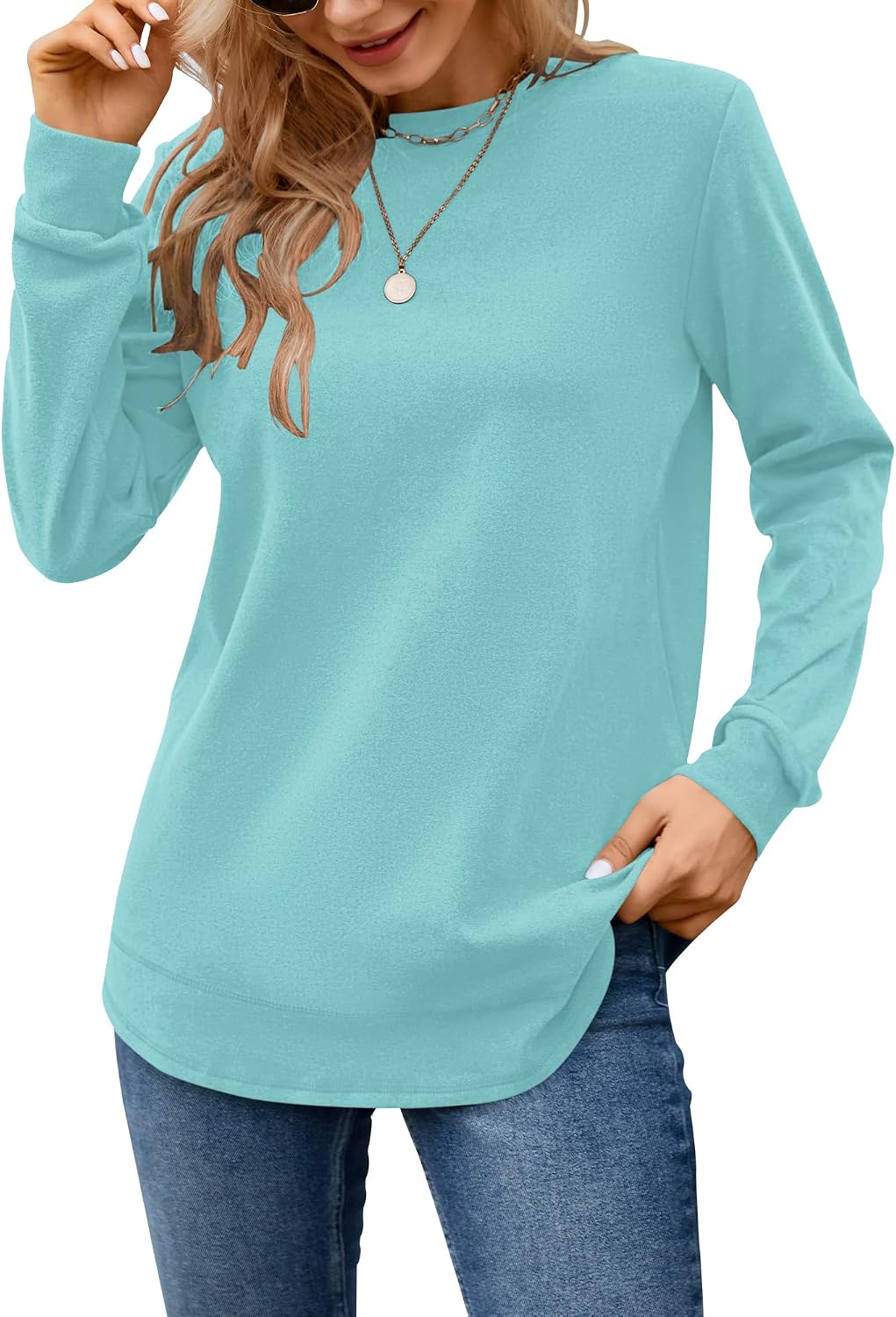 Detalle de MISFAY Women's Tunic Sweatshirt, Crewneck, Long Sleeves and Curved Hem