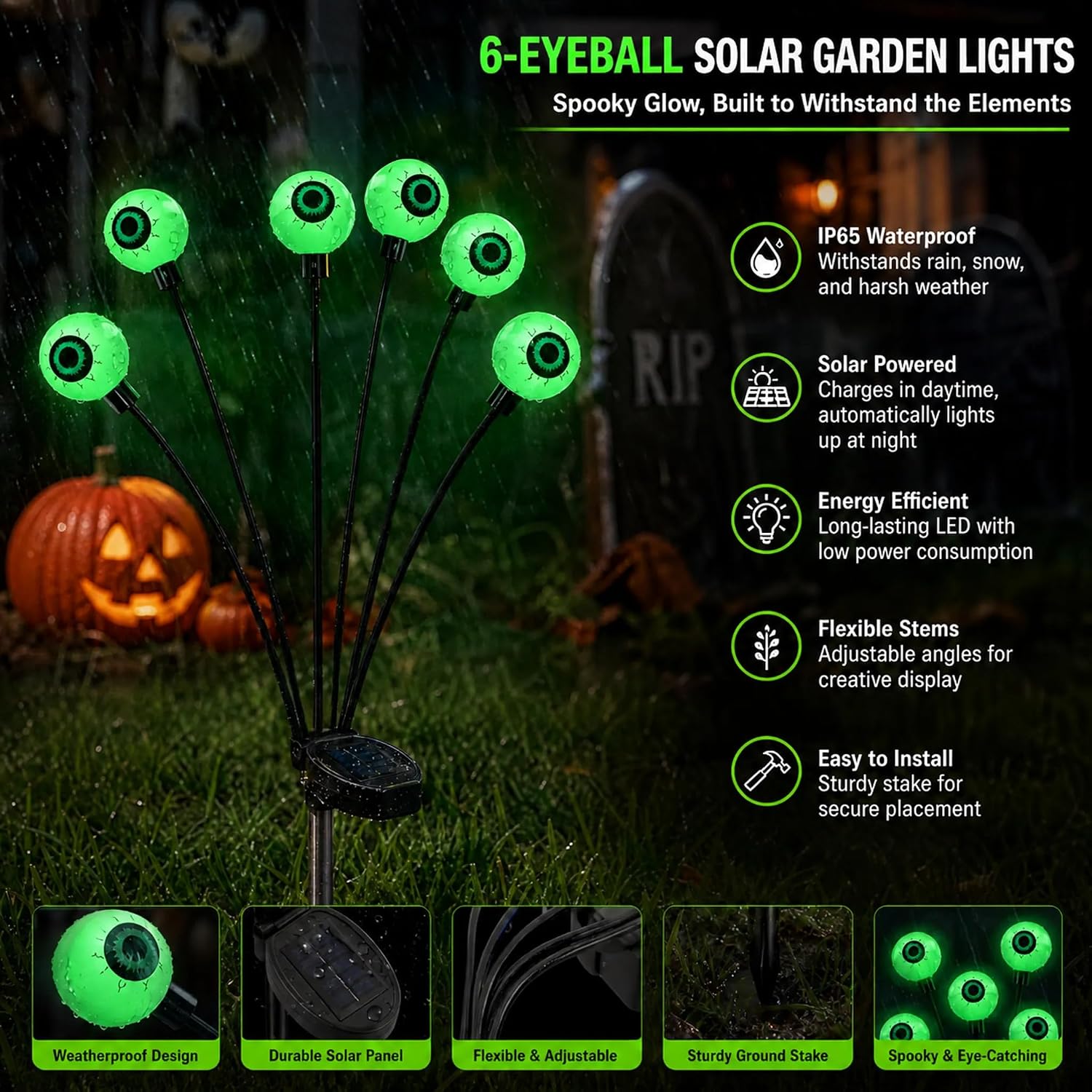 Detalle 2 de Dazzle Bright 4-Pack Halloween Solar Eyeball Lights, 24 LEDs, 2 Modes, IP65