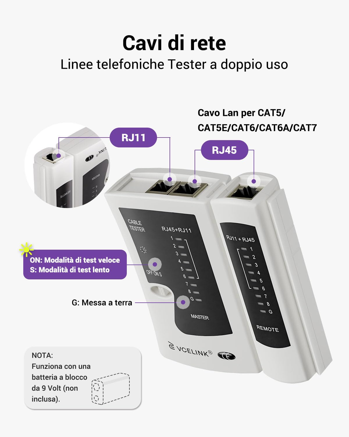 Detalle de VCELINK Tester Cavi di Rete GJ468 per RJ45/RJ11/RJ12 (PoE) – Tester Ethernet professionale grigio
