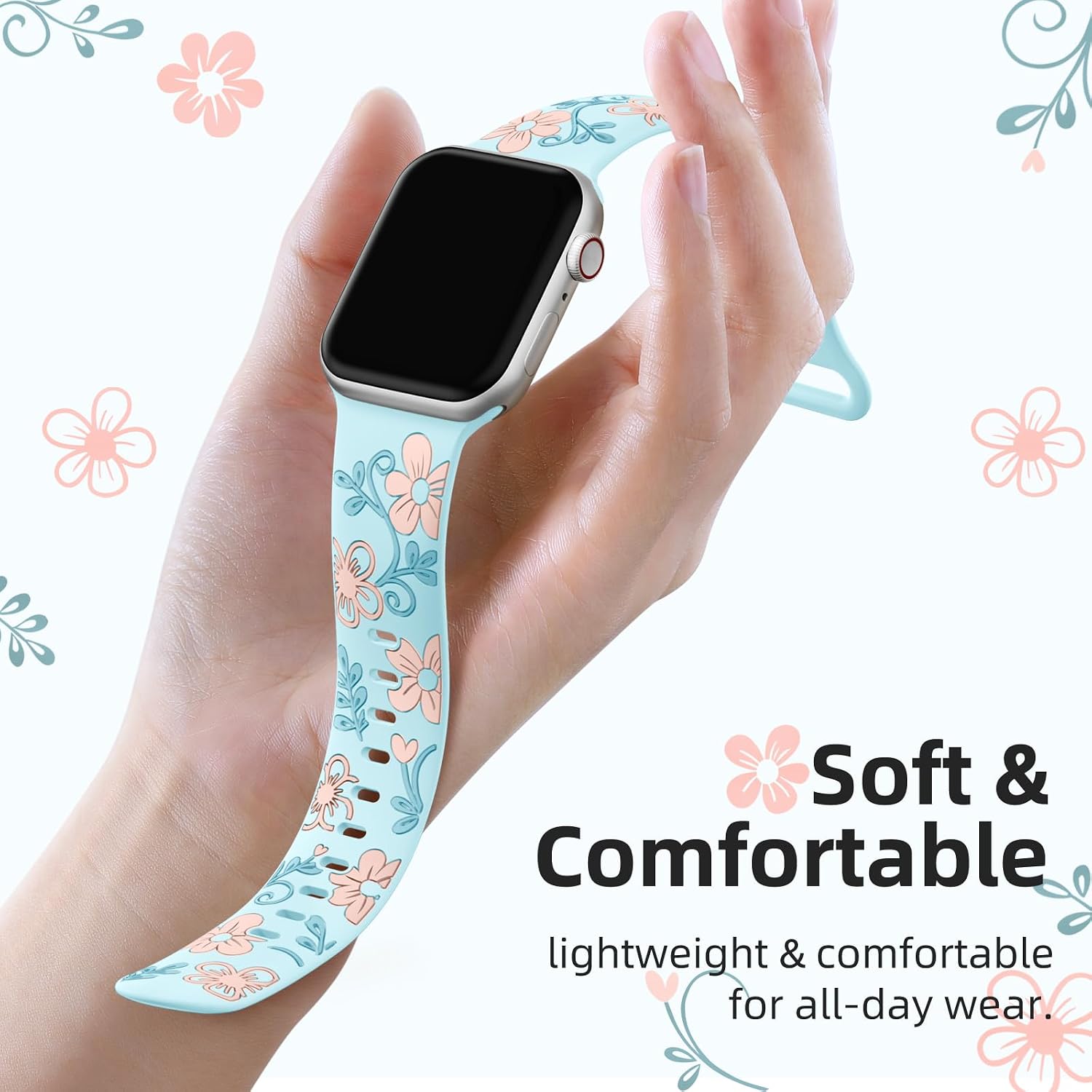 Detalle de Witzon Floral Silicone Watch Band, Engraved Multi-Tone Design