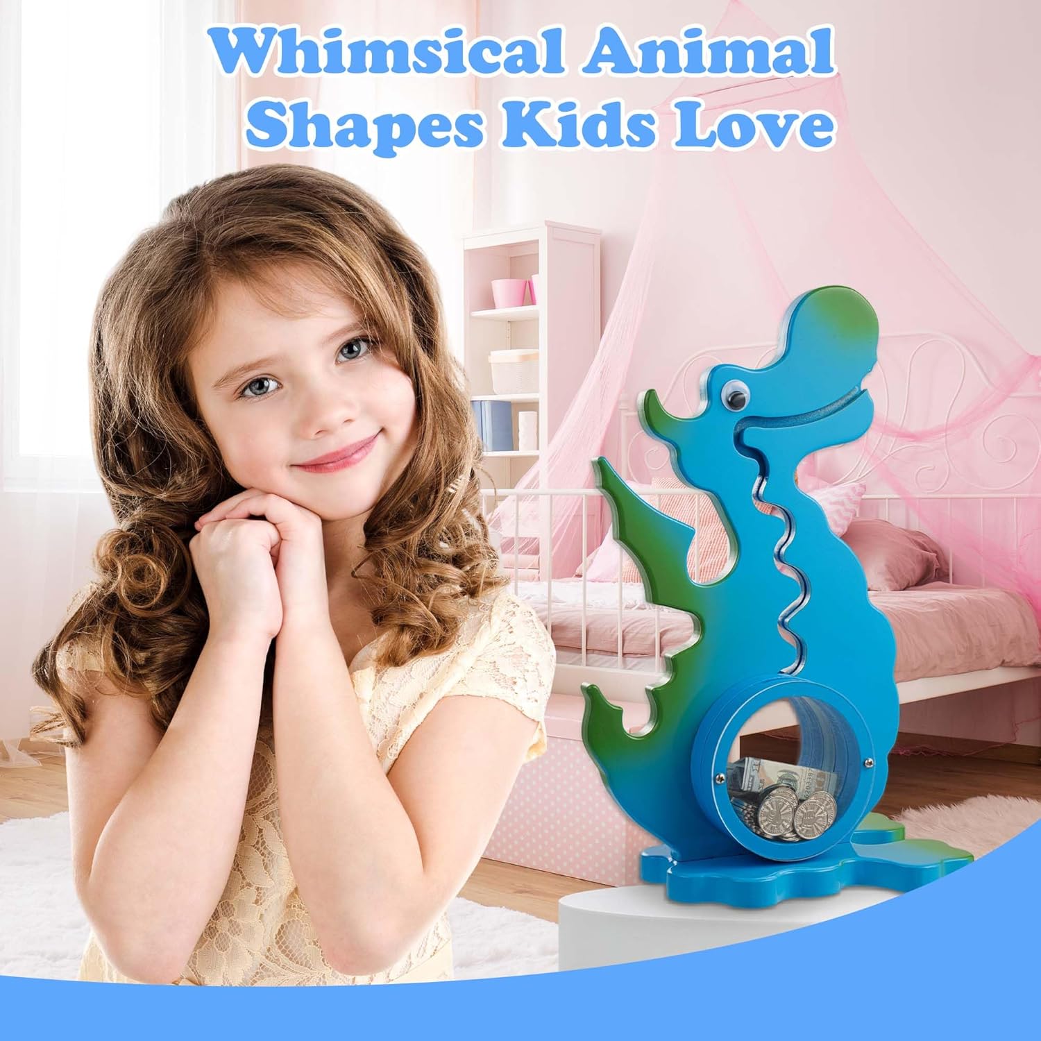 Detalle de AORCMITN Wooden Dragon Piggy Bank: Interactive Dino Saving Toy for Kids