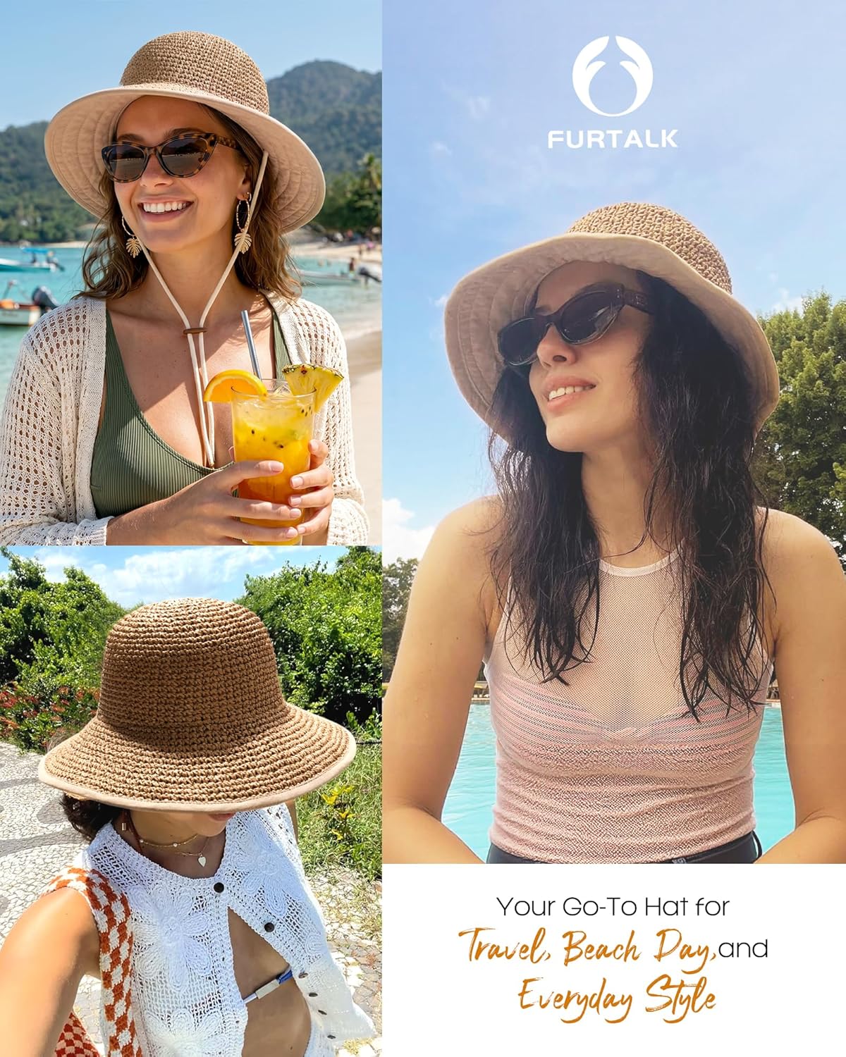 Detalle de FURTALK Summer Straw Beach Hat for Women with UPF 50: Foldable Wide-Brim Sun Hat